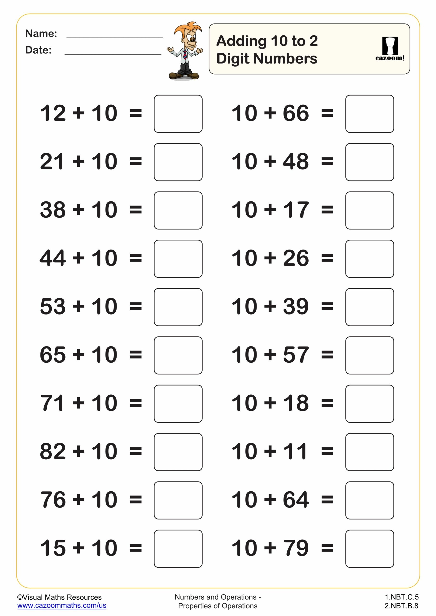 Preview of Adding 10 to 2 digit numbers (20 questions)