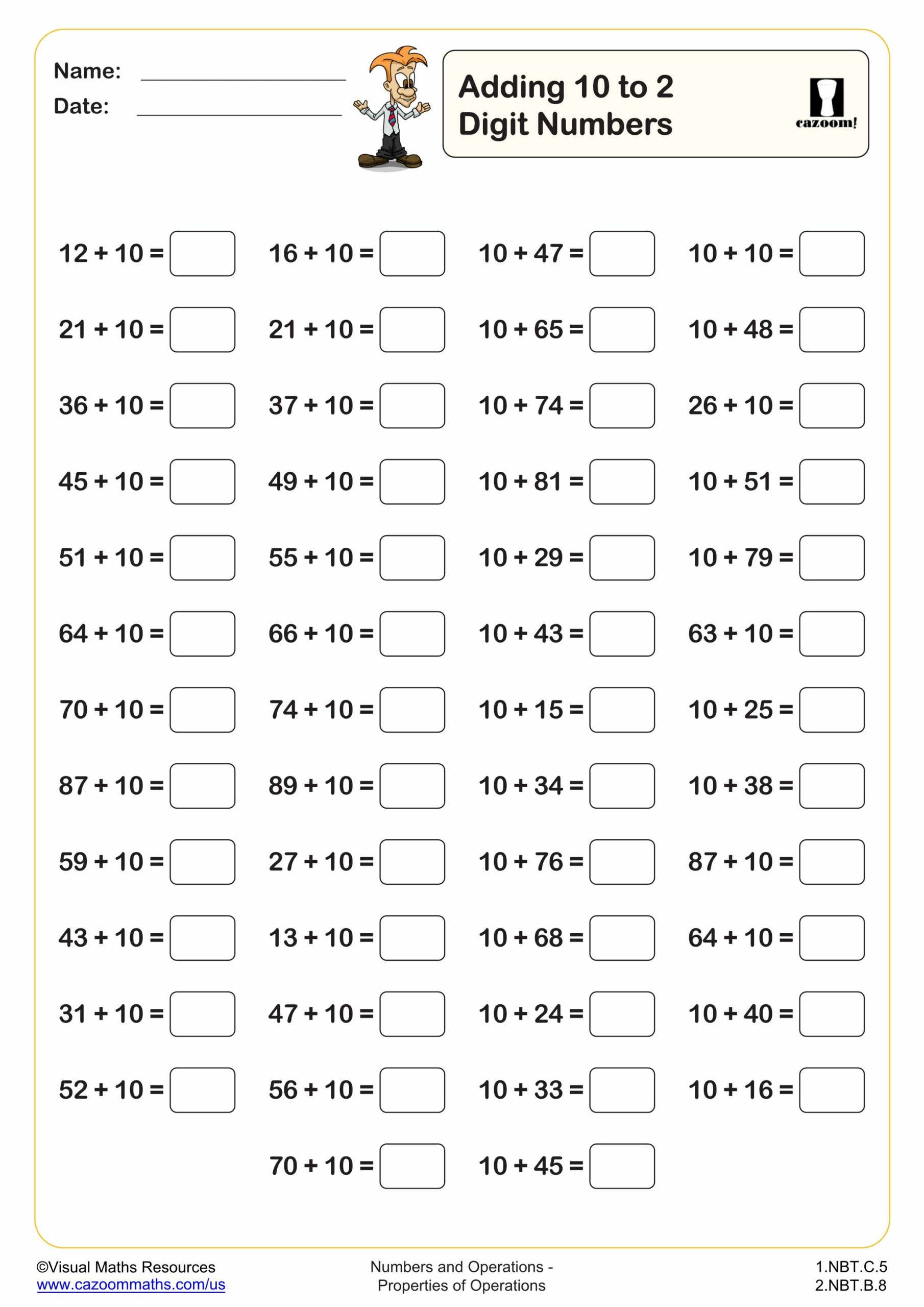 Preview of Adding 10 to 2 digit numbers (50 questions)