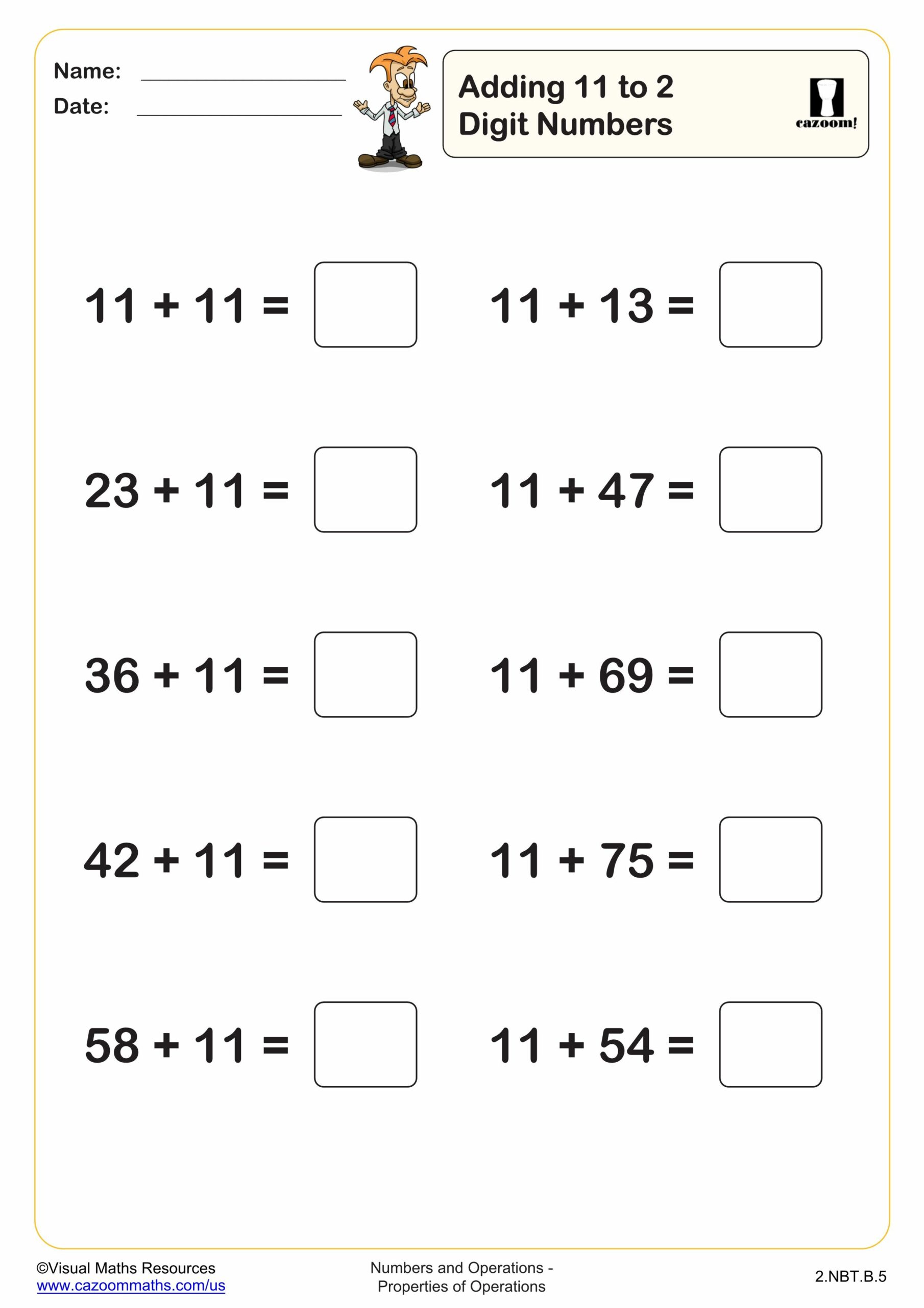 Adding 11 To 2 Digit Numbers 10 Questions Worksheet Scaled