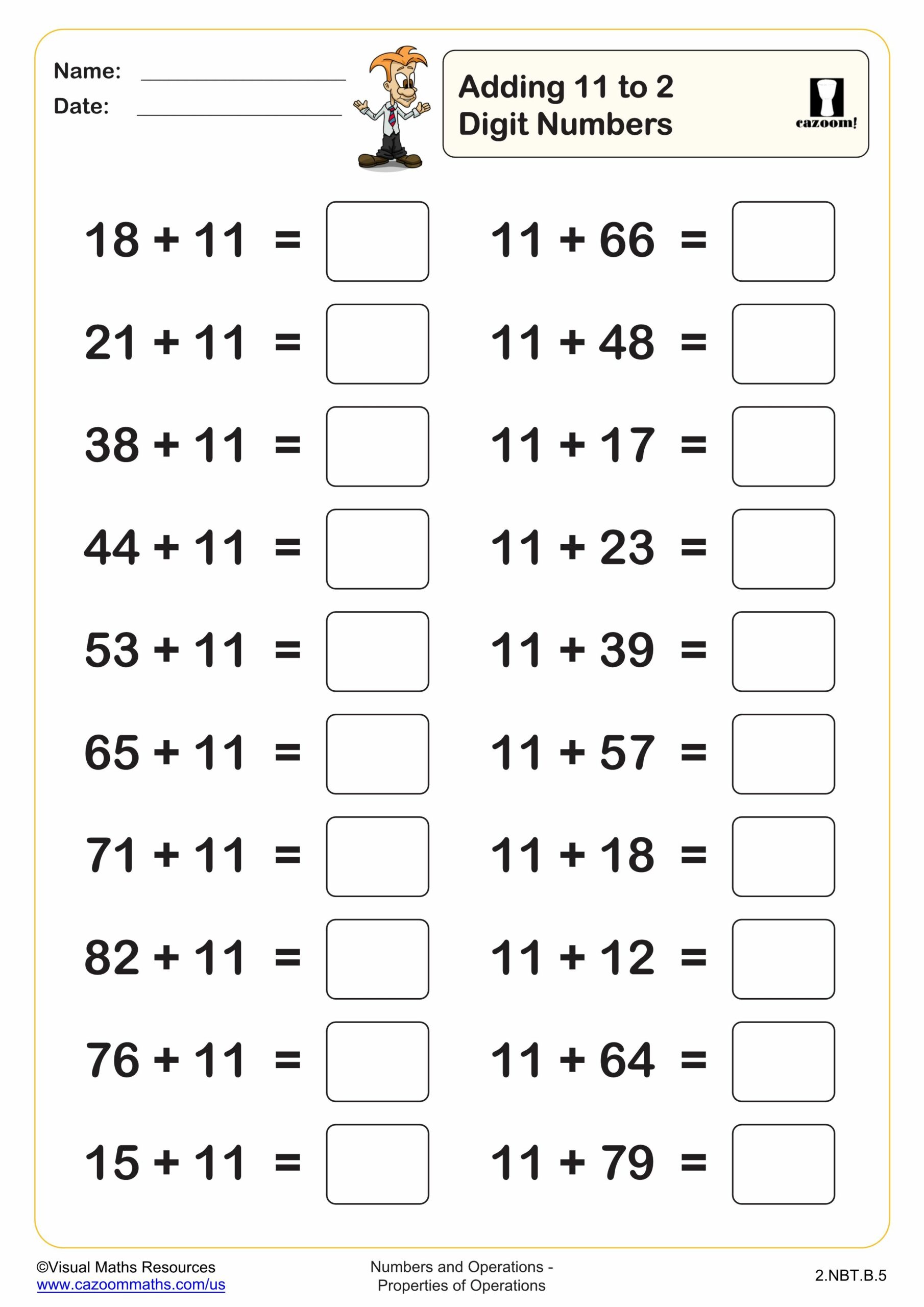 Preview of Adding 11 to 2 digit numbers (20 questions)