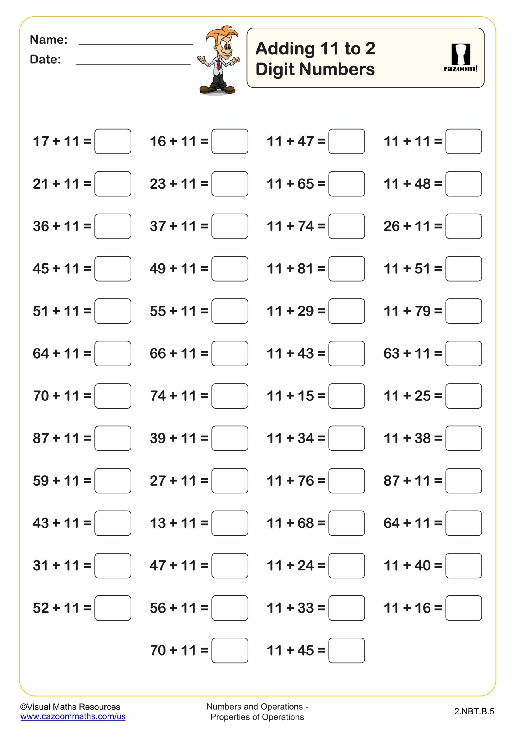 Adding 11 To 2 Digit Numbers 50 Questions Worksheet Scaled