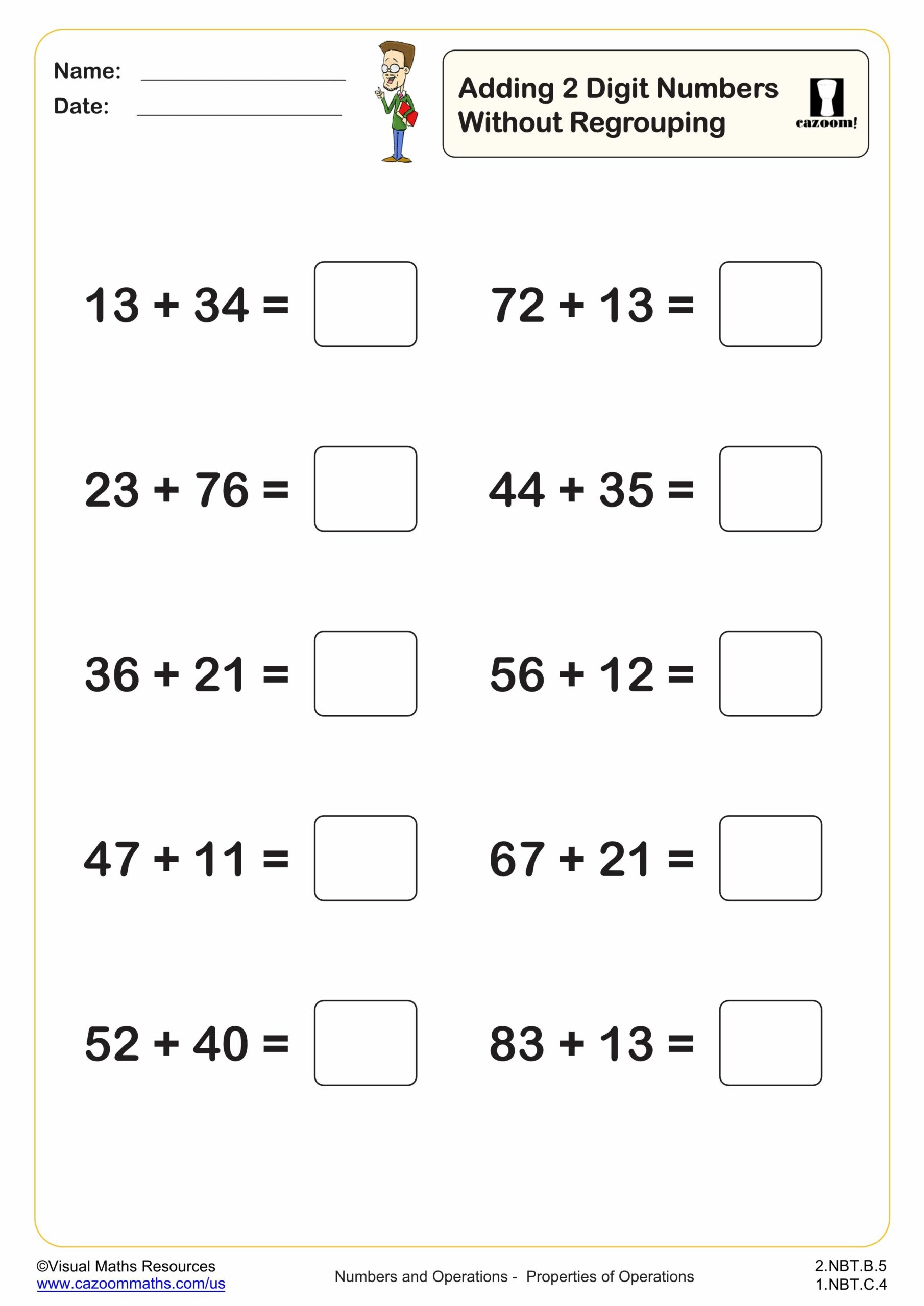 Preview of Adding 2 digit numbers without regrouping (10 questions)