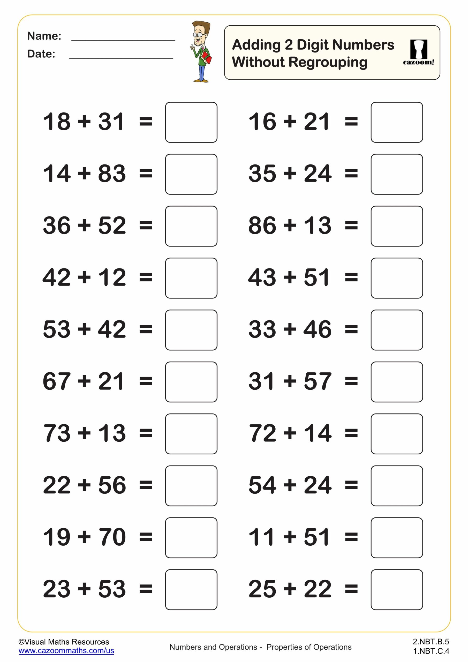 Preview of Adding 2 digit numbers without regrouping (20 questions)