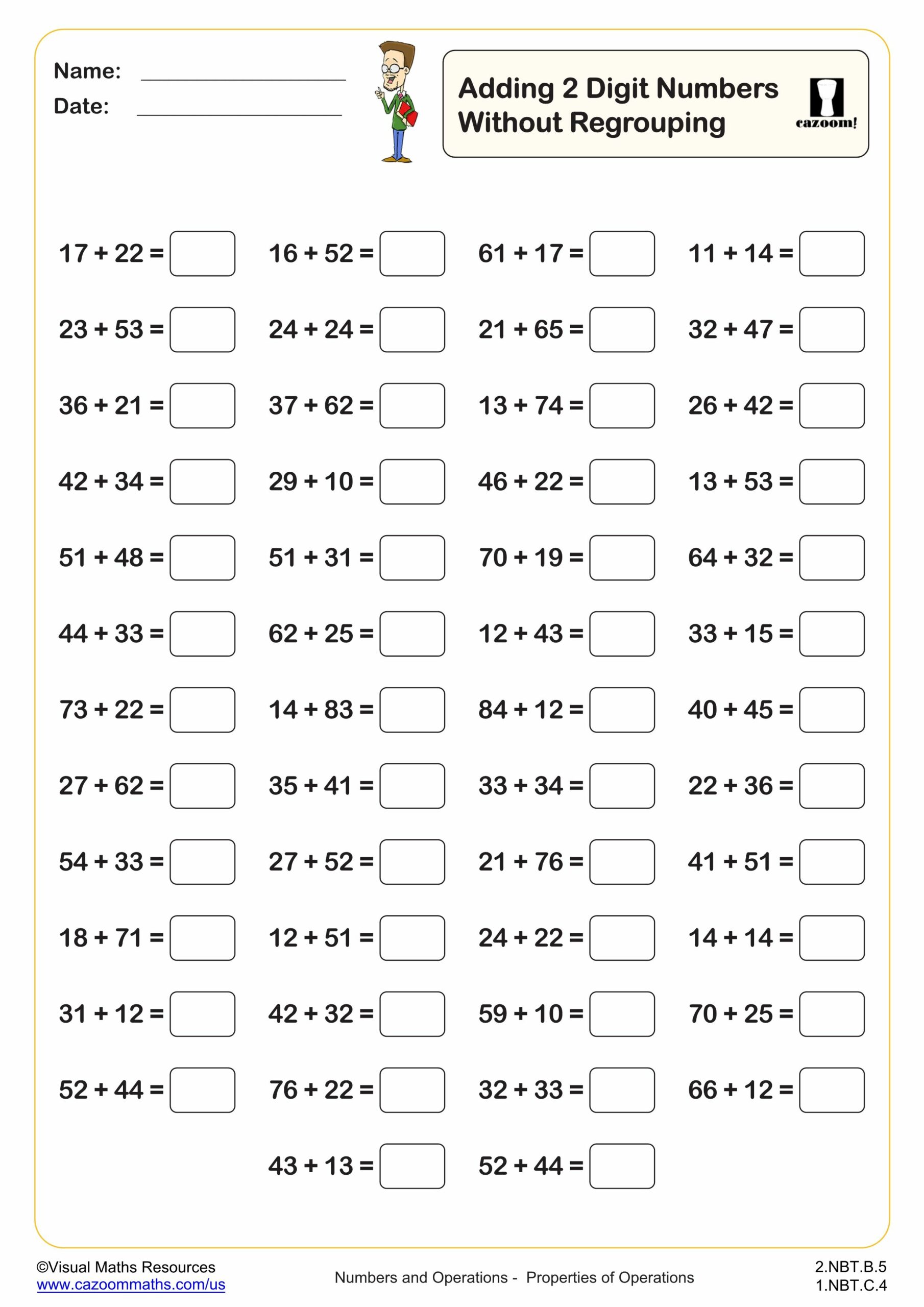 Preview of Adding 2 digit numbers without regrouping (50 questions)