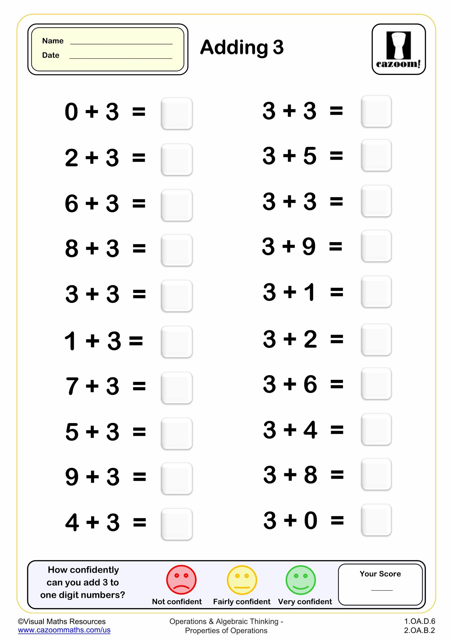 Preview of Adding 3 (20 questions)