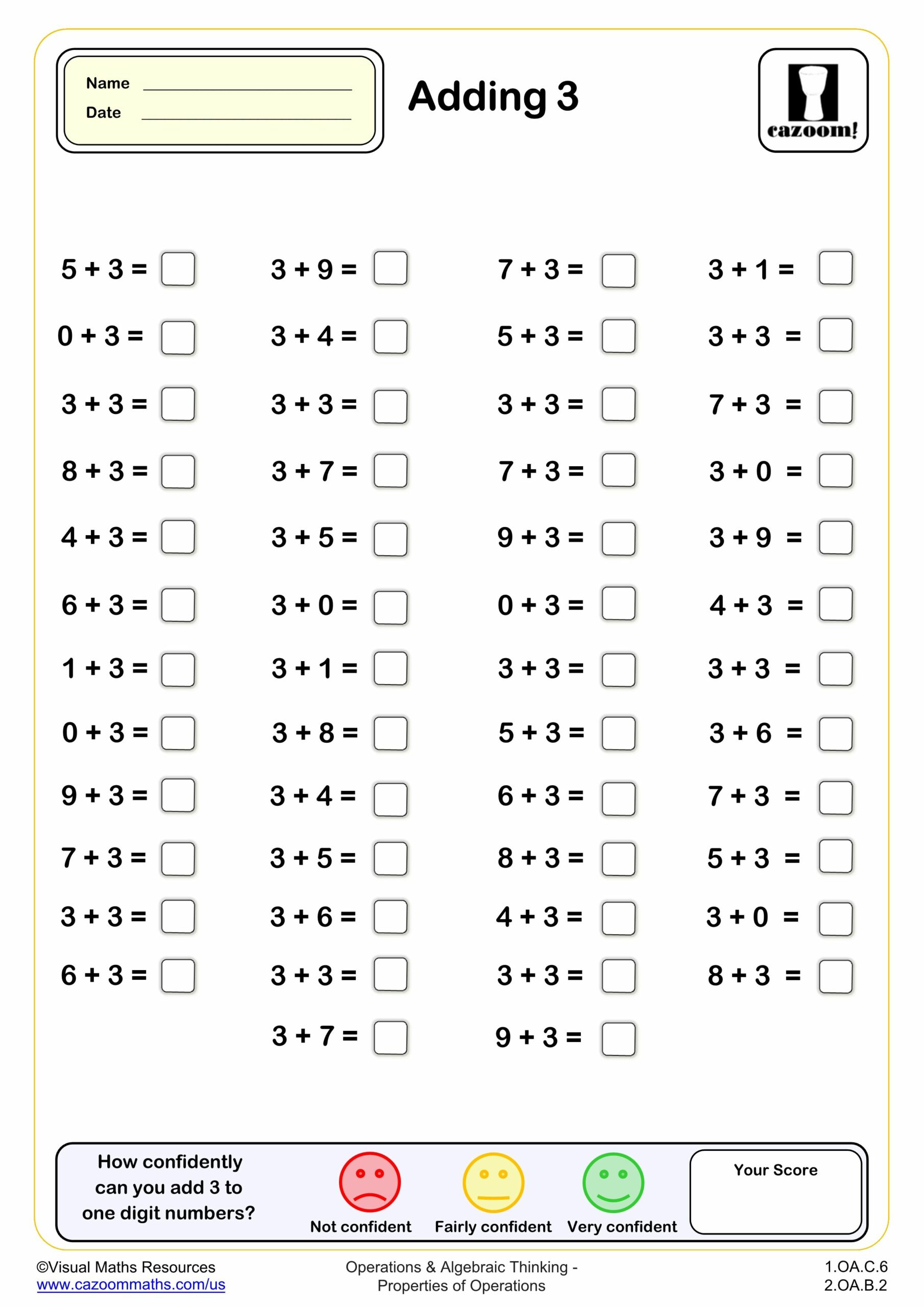 Preview of Adding 3 (50 questions)