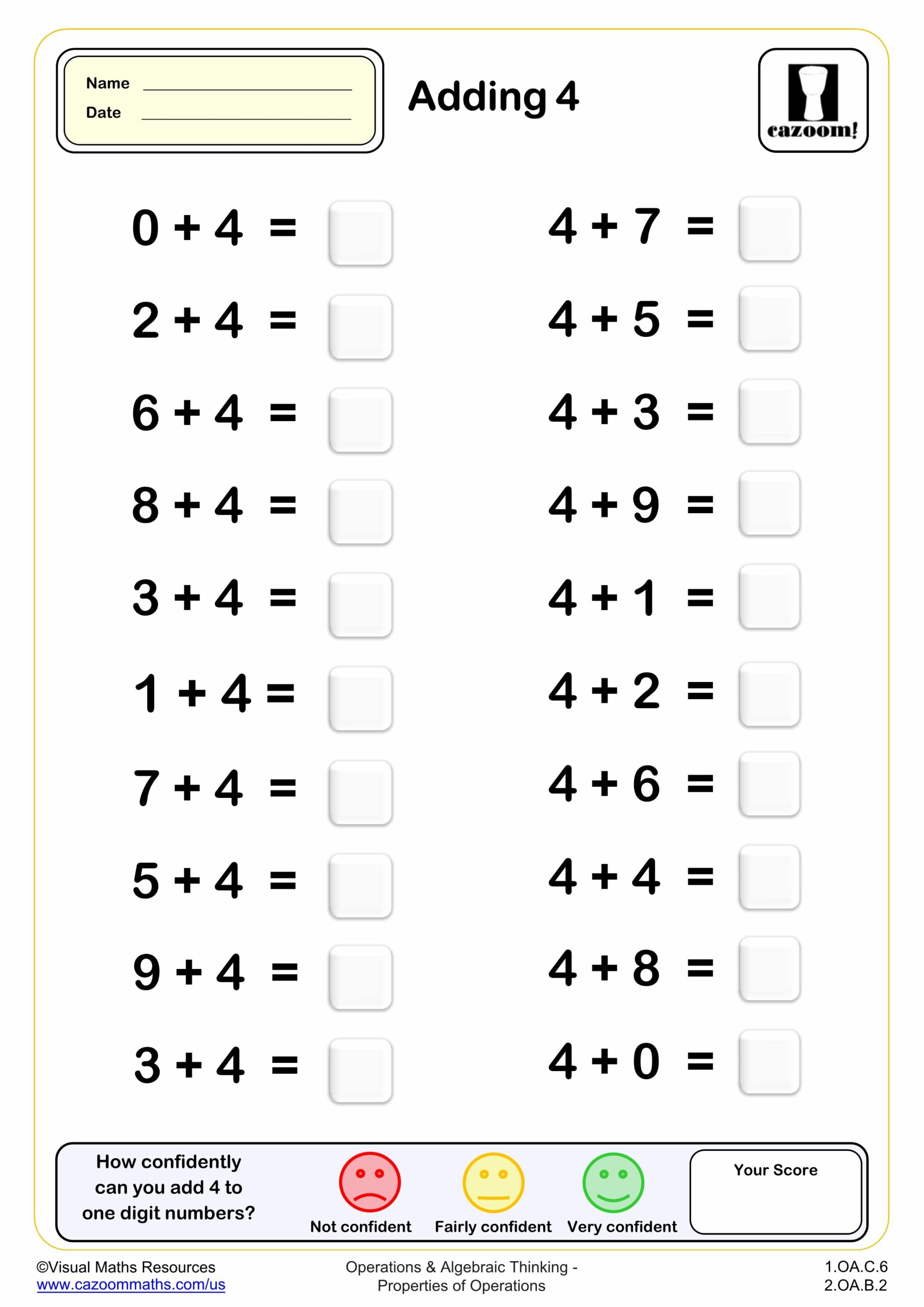 Preview of Adding 4 (20 questions)