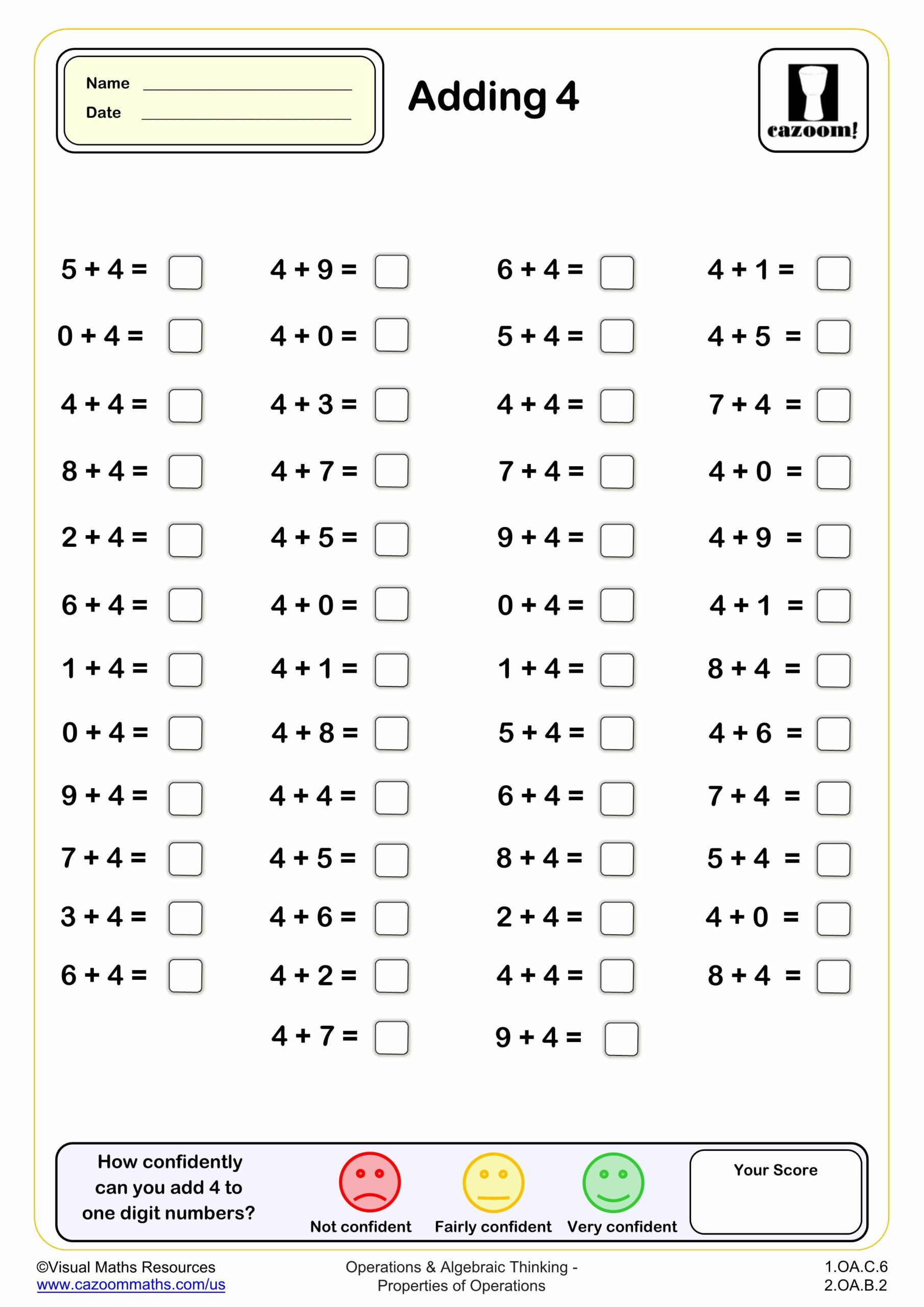 Preview of Adding 4 (50 questions)