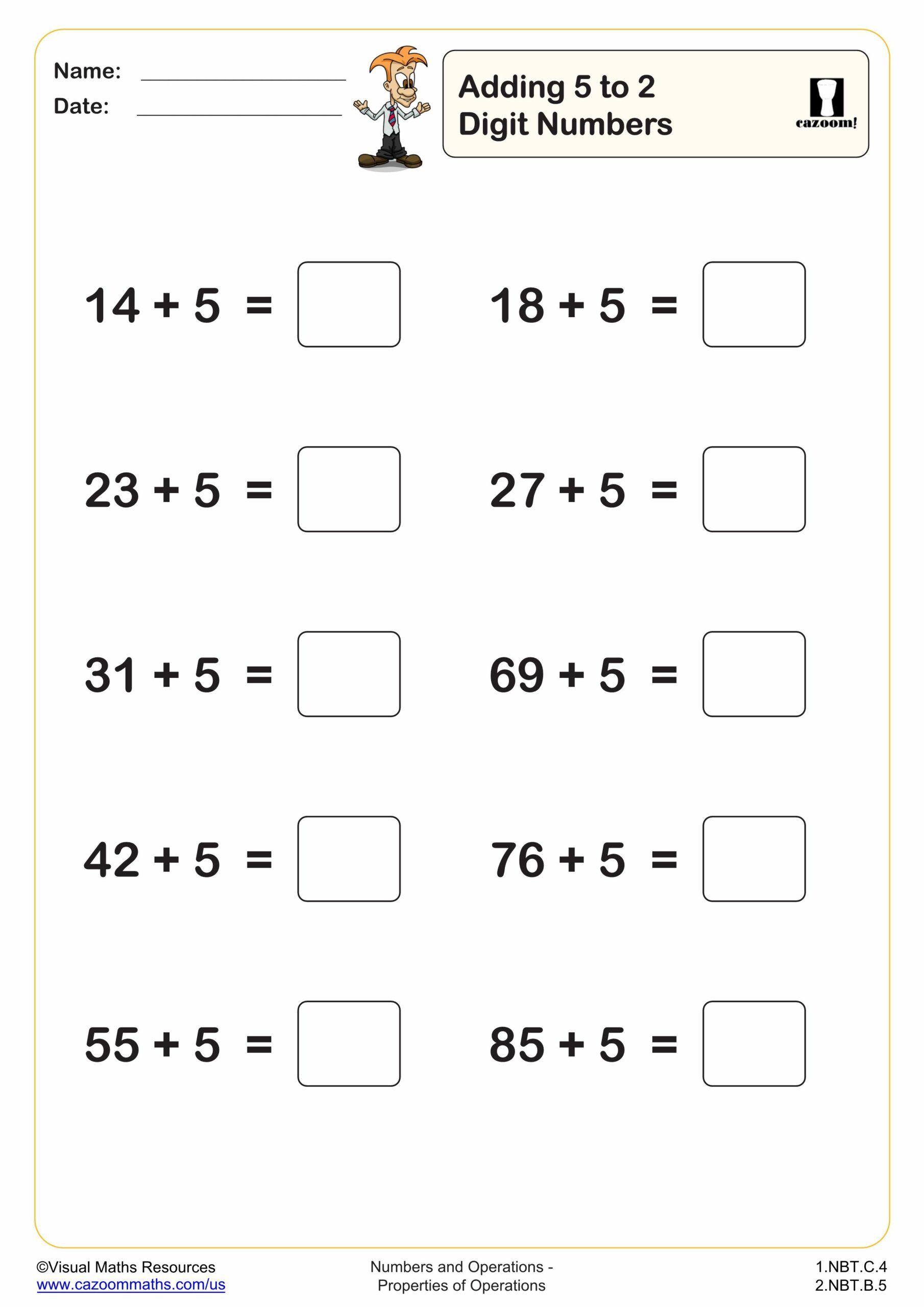 Preview of Adding 5 to 2 digit numbers (10 questions)