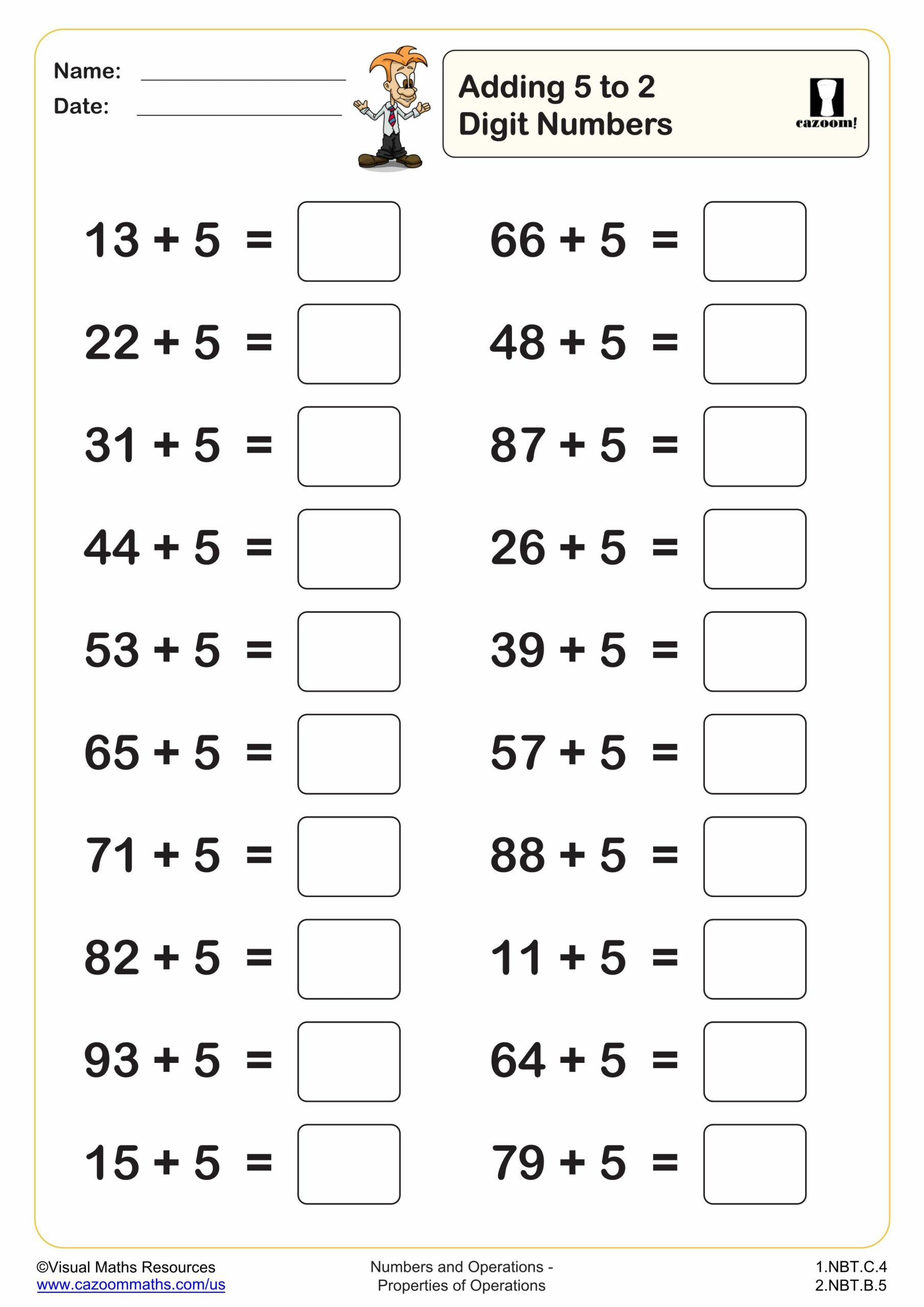 Adding 5 To 2 Digit Numbers 20 Questions Worksheet Scaled