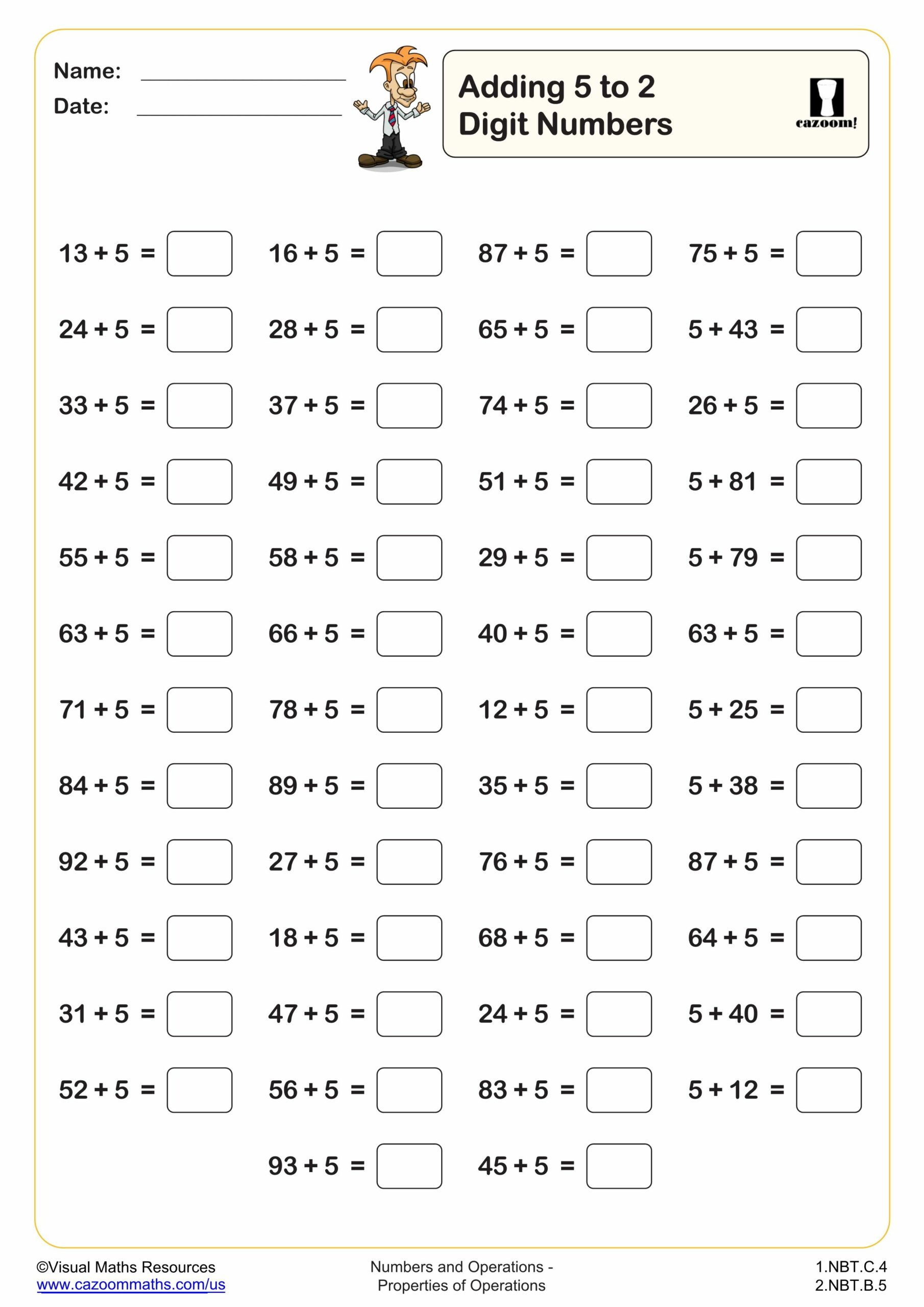 Adding 5 To 2 Digit Numbers 50 Questions Worksheet Scaled
