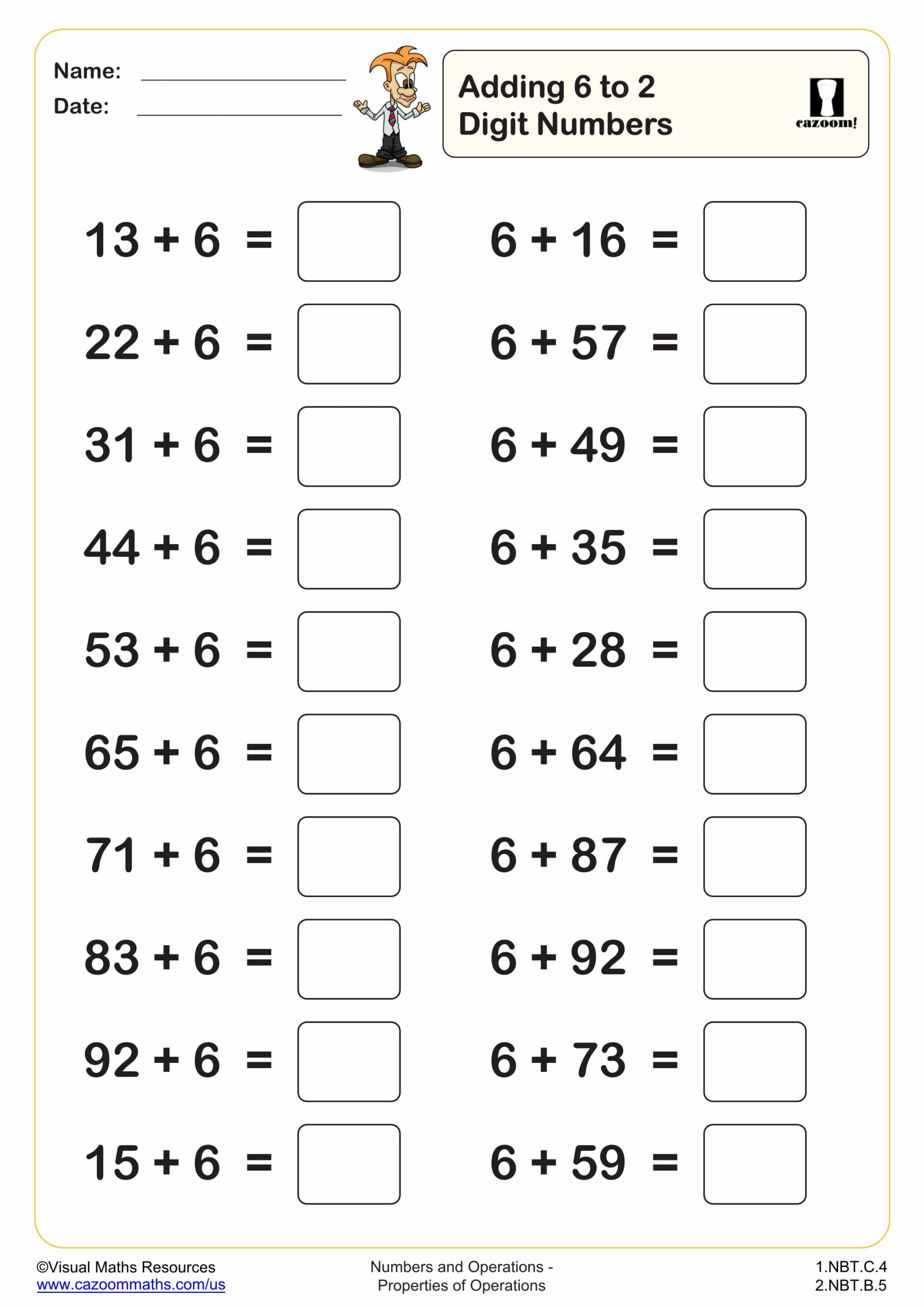 Preview of Adding 6 to 2 digit numbers (20 questions)