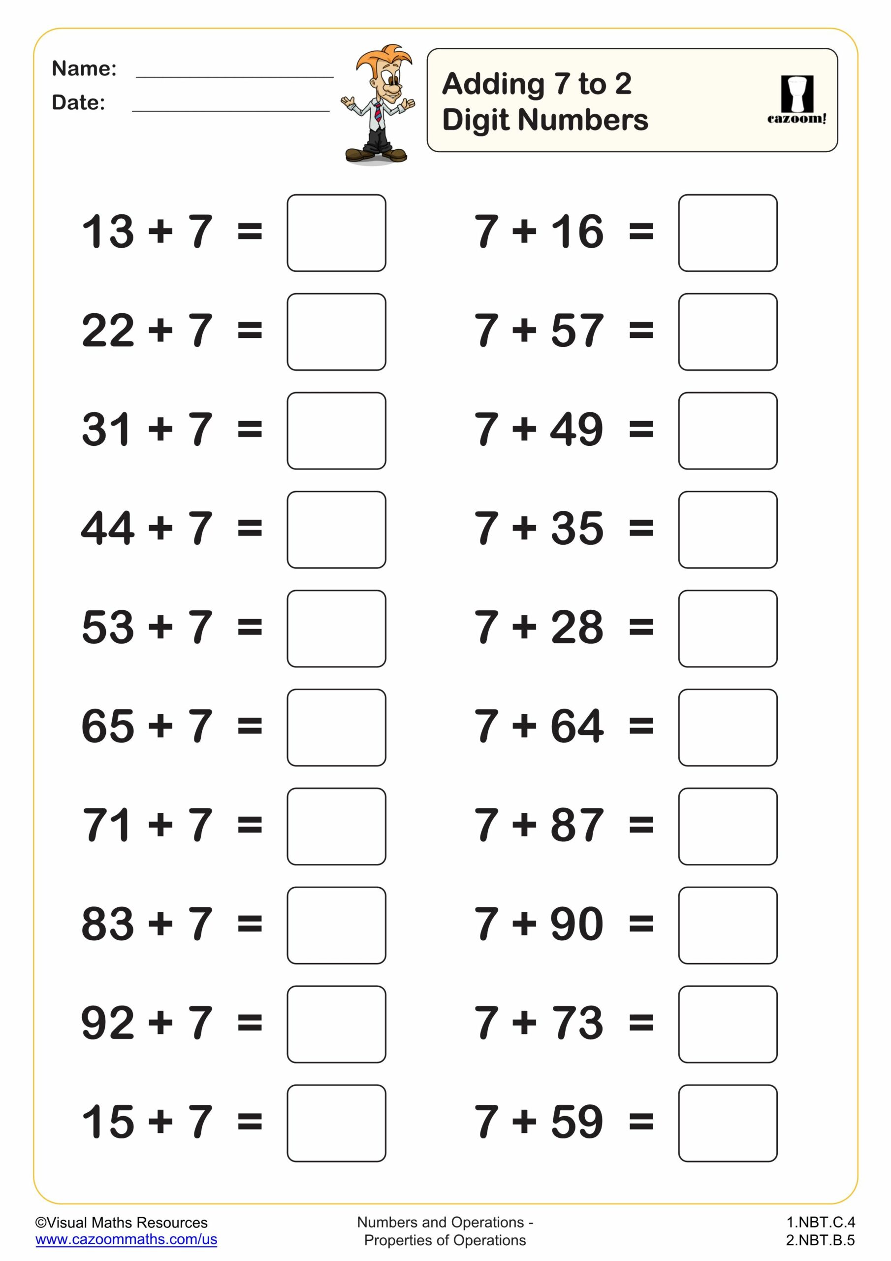 Adding 7 To 2 Digit Numbers 20 Questions Worksheet Scaled