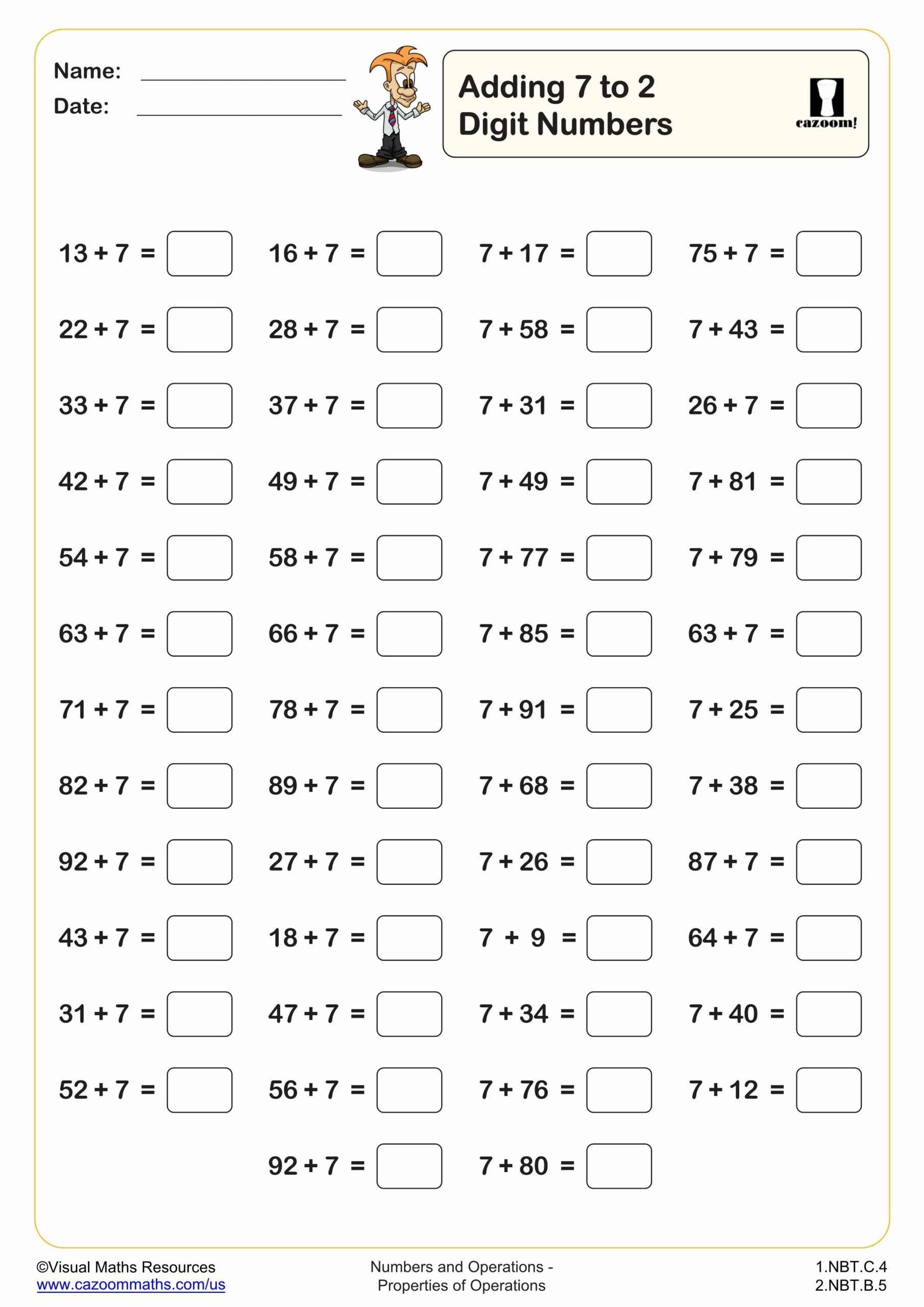 Adding 7 To 2 Digit Numbers 50 Questions Worksheet Scaled