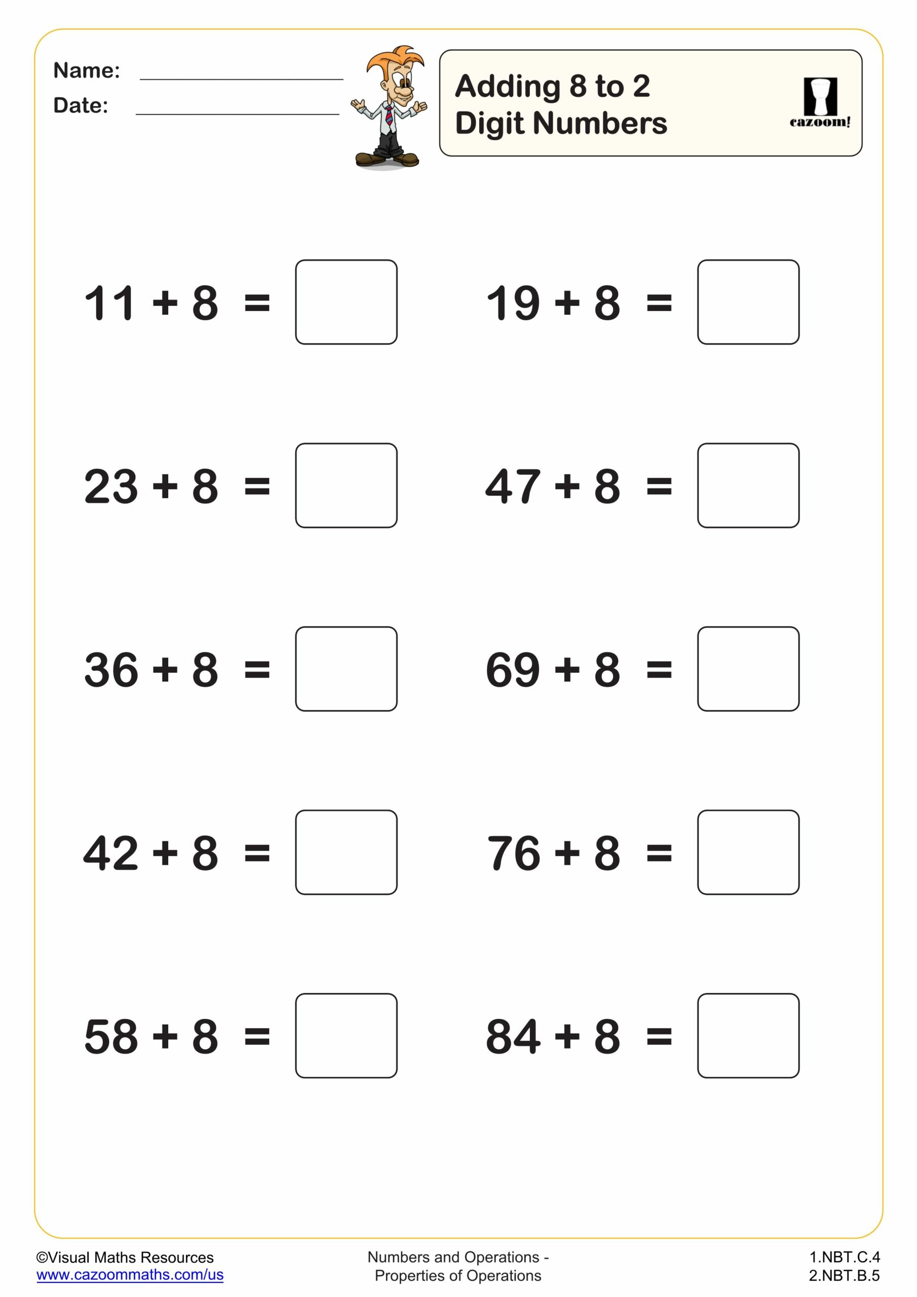 Preview of Adding 8 to 2 digit numbers (10 questions)