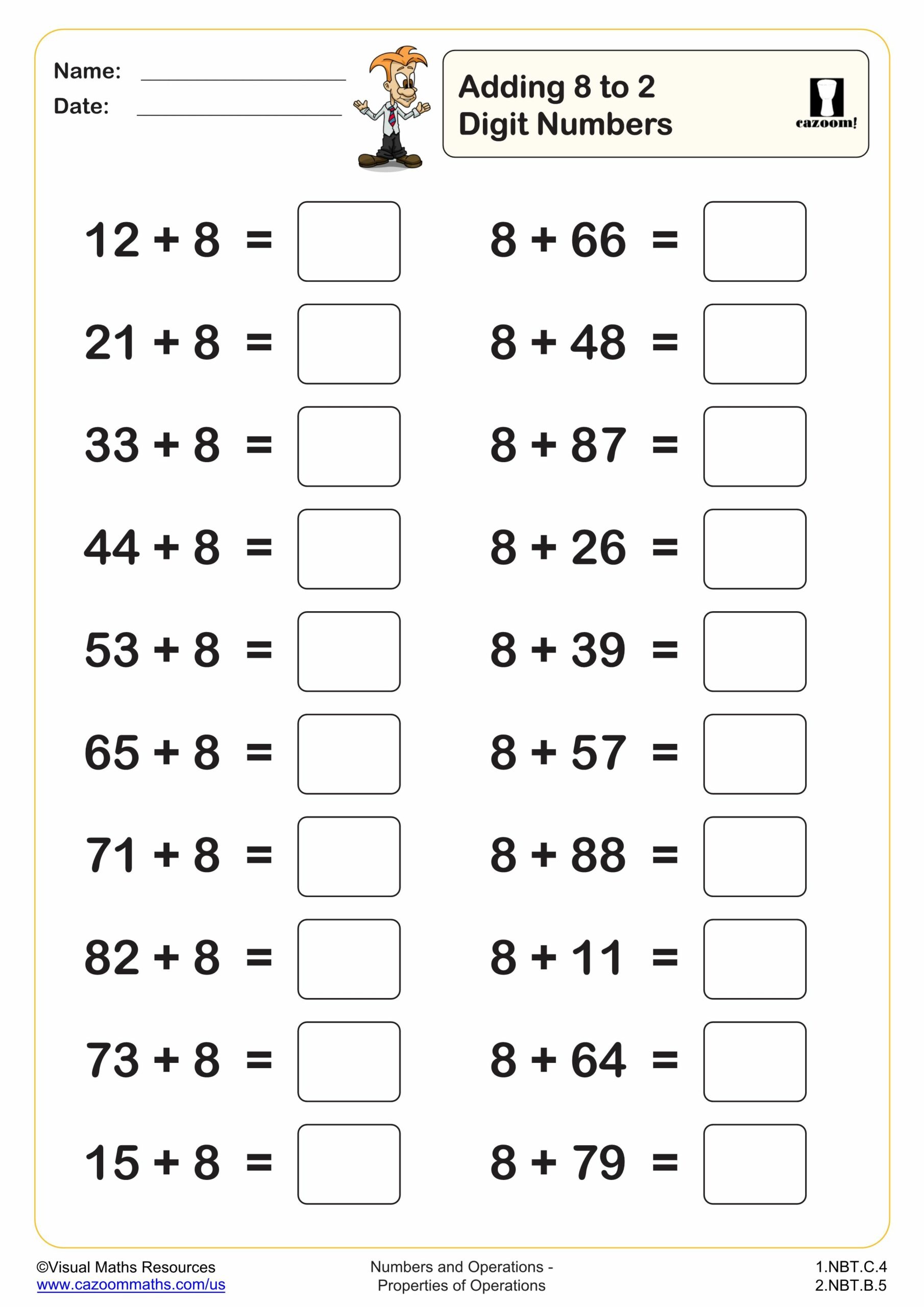 Preview of Adding 8 to 2 digit numbers (20 questions)