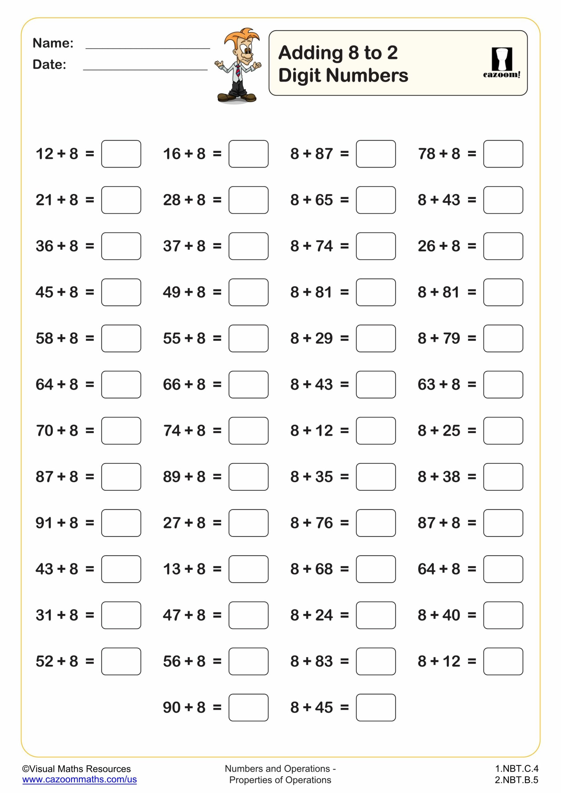 Adding 8 To 2 Digit Numbers 50 Questions Worksheet Scaled