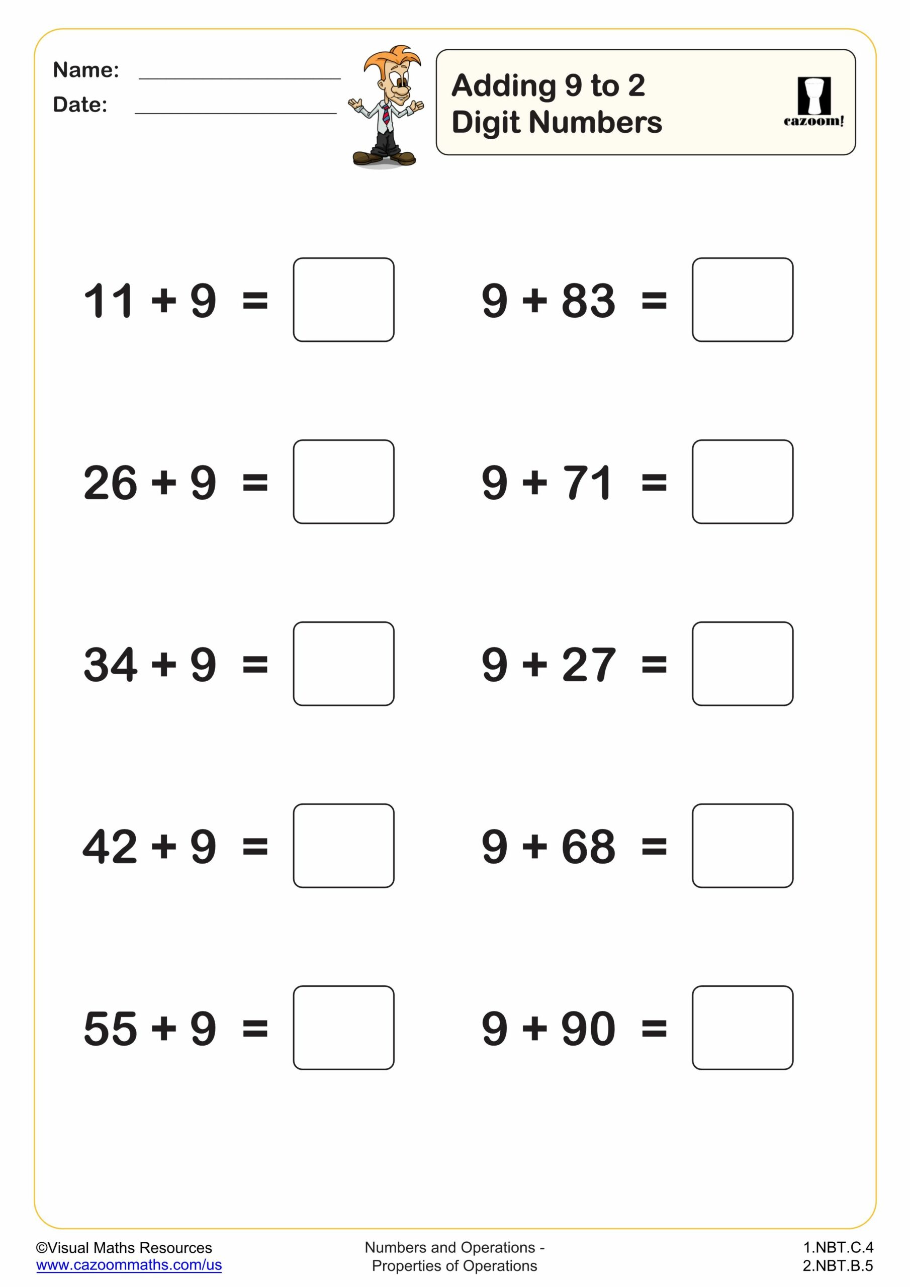 Preview of Adding 9 to 2 digit numbers (10 questions)