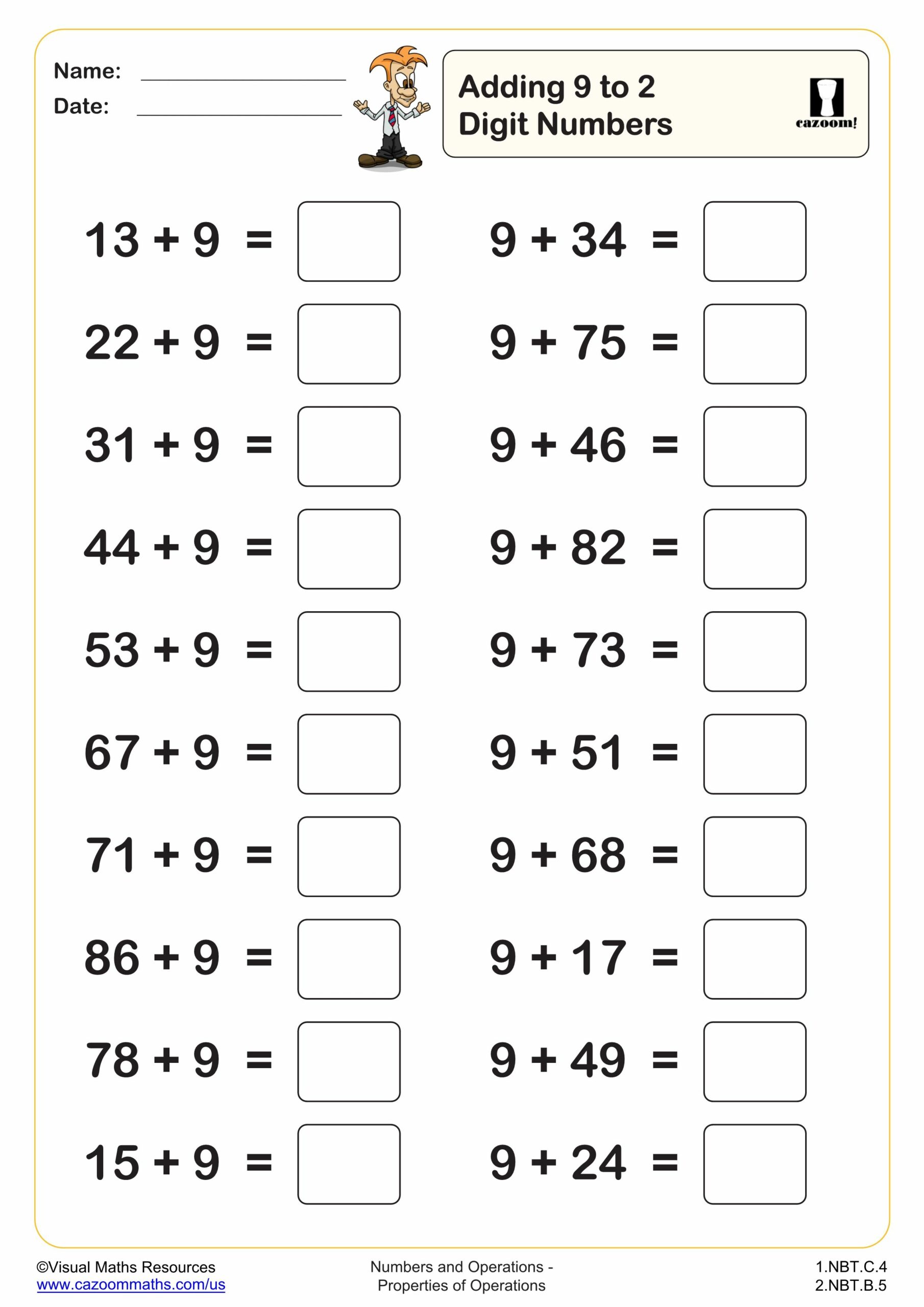 Preview of Adding 9 to 2 digit numbers (20 questions)