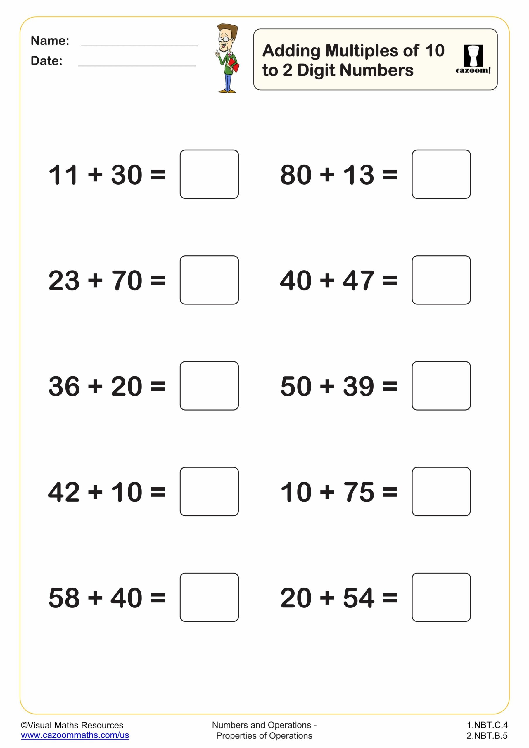 Preview of Adding mulitples of 10 to a 2 digit number (10 questions)