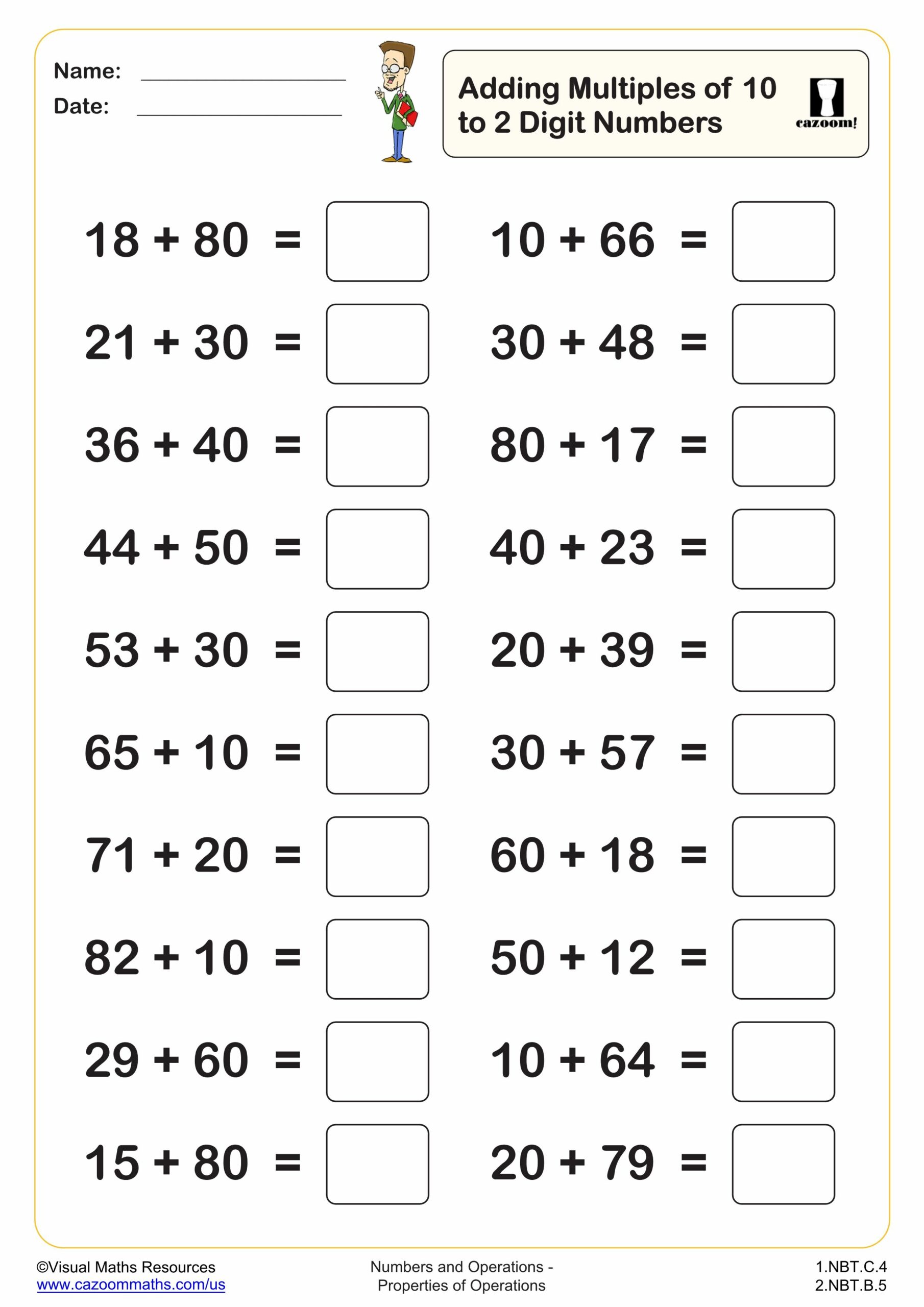 Preview of Adding mulitples of 10 to a 2 digit number (20 questions)
