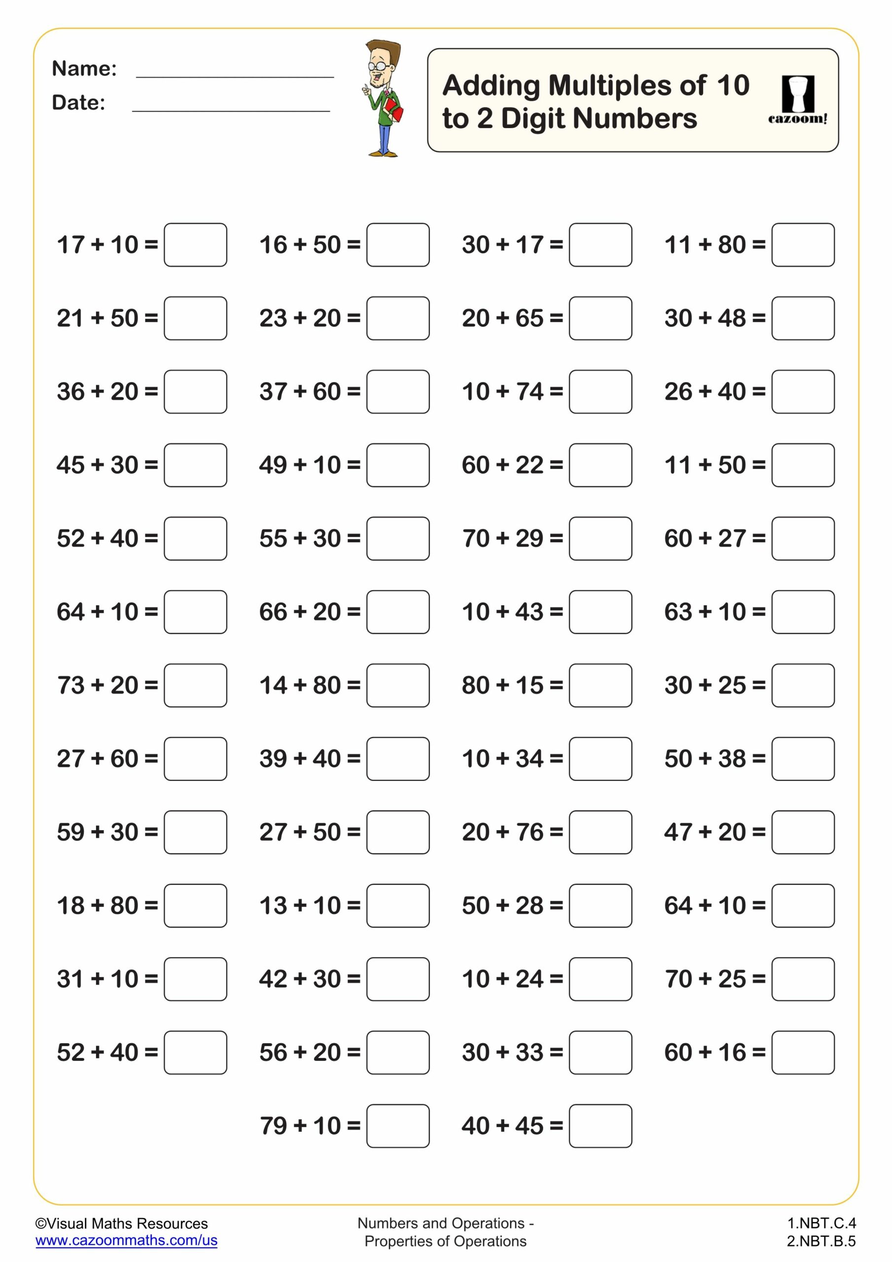 Preview of Adding mulitples of 10 to a 2 digit number (50 questions)