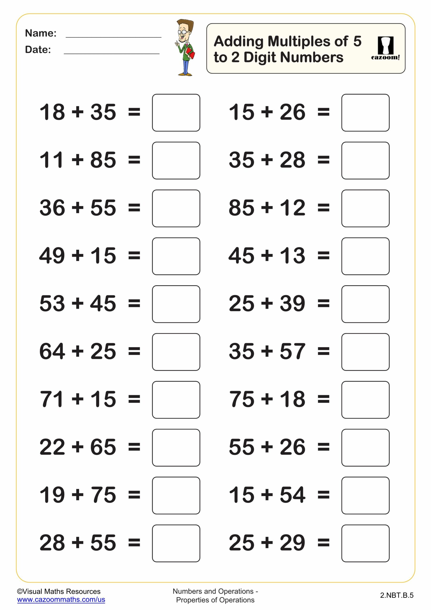 Preview of Adding mulitples of 5 to a 2 digit number (20 questions)