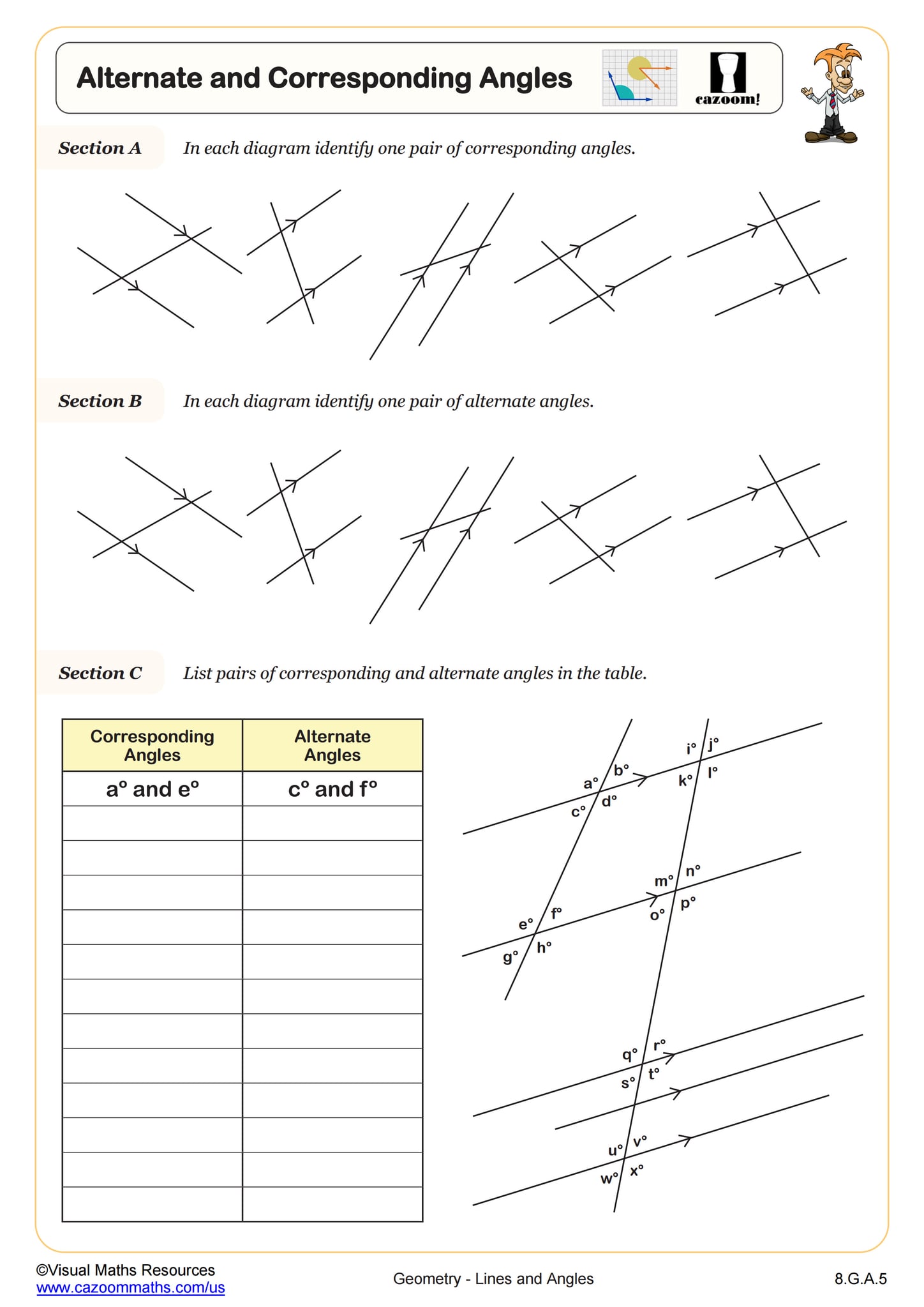 Alternate and Corresponding Angles (A) Worksheet 8th Grade PDF Worksheets