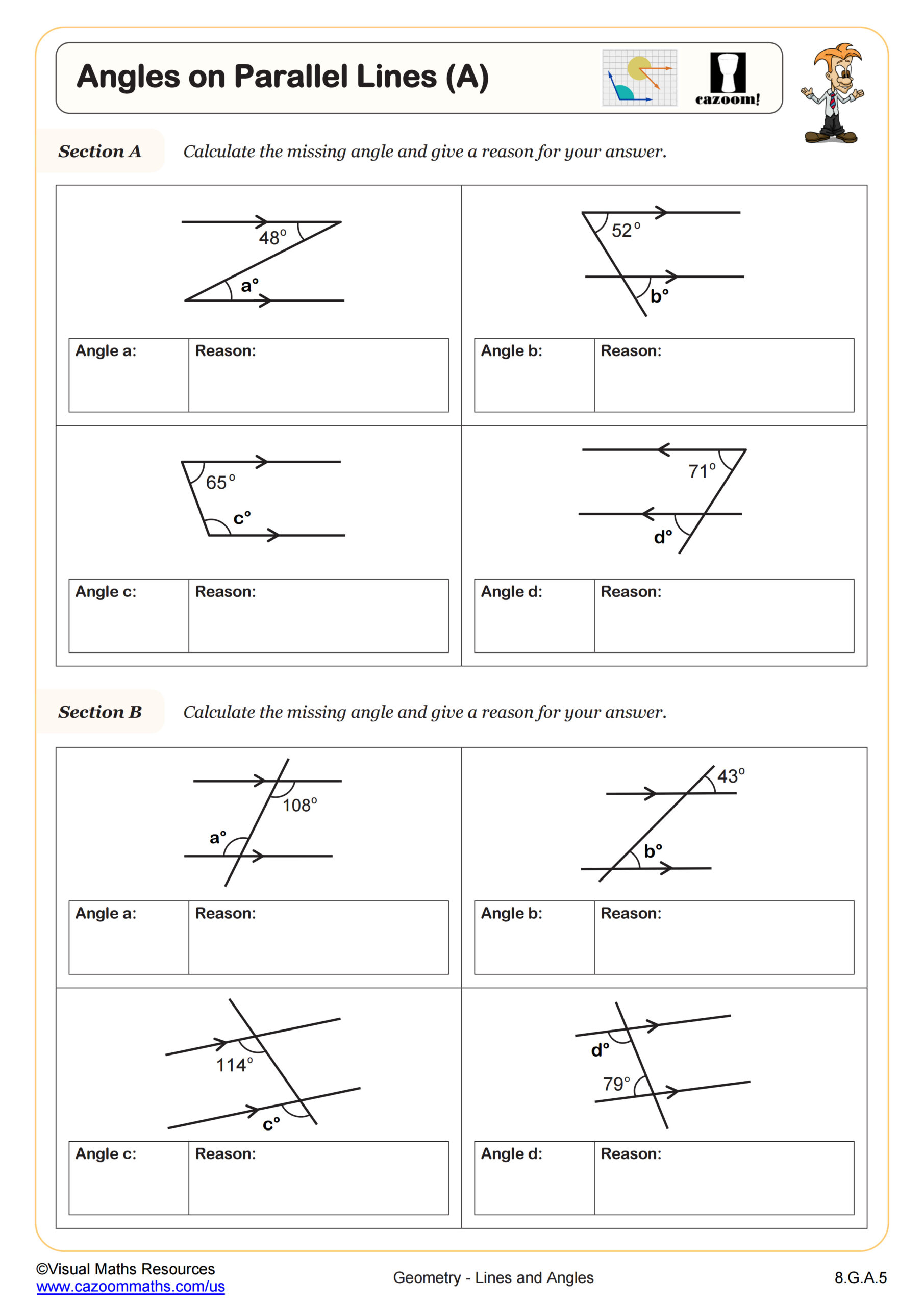 Calculating  Angles on Parallel Lines with Transversals Worksheet suitable for students in  8th Grade