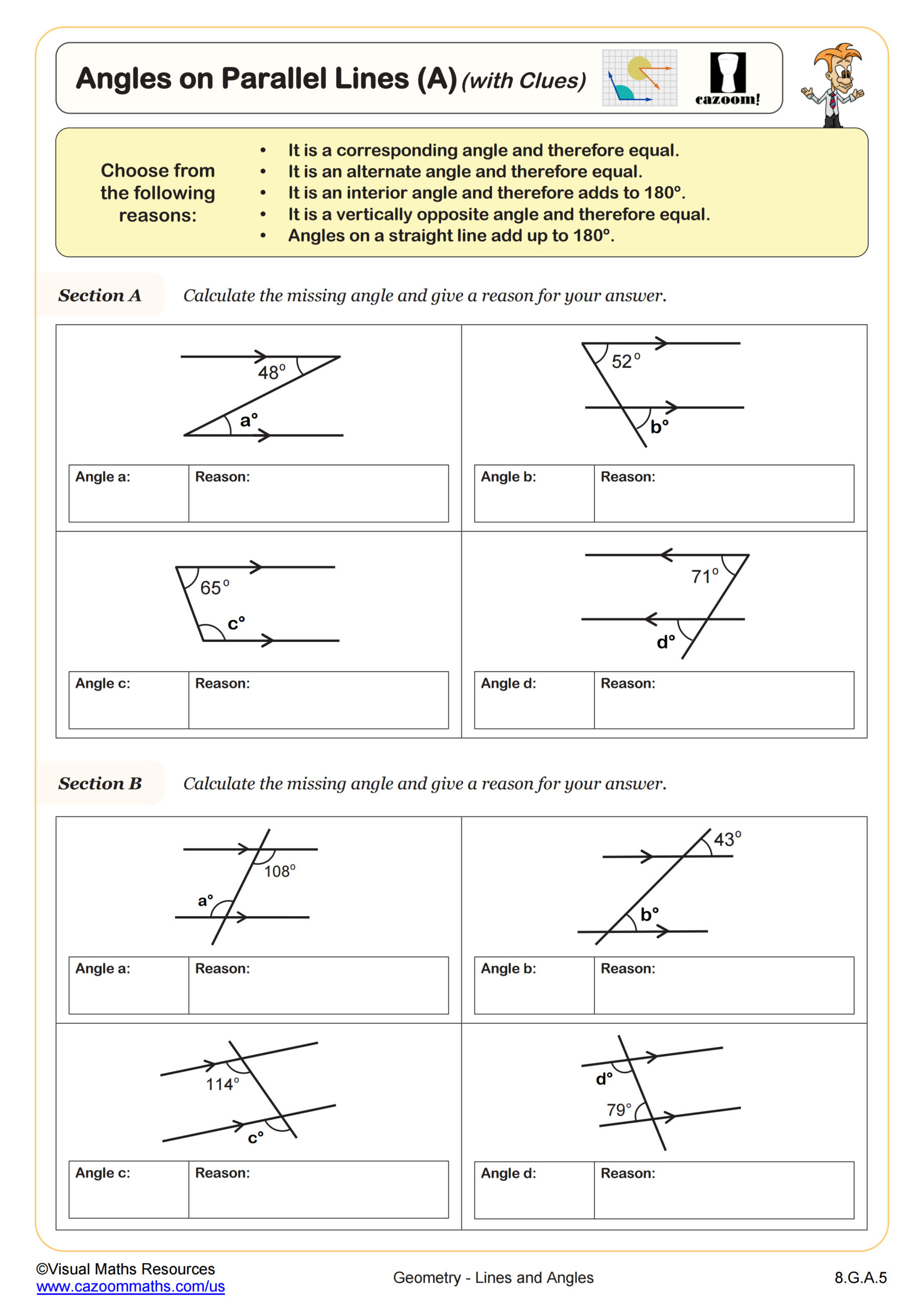 Calculating Angles On Parallel Lines With Transversals A with Clues