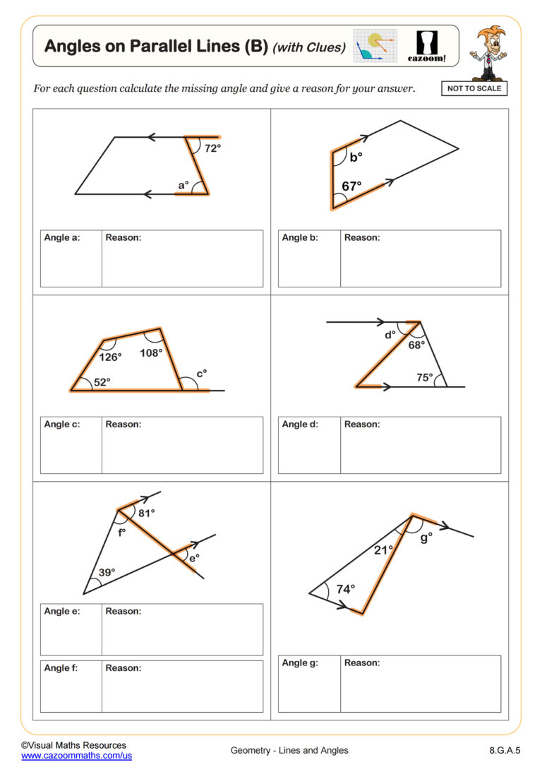 Calculating Angles On Parallel Lines With Transversals B With Clues Calculating Angles On Parallel Lines With Transversals B With Clues