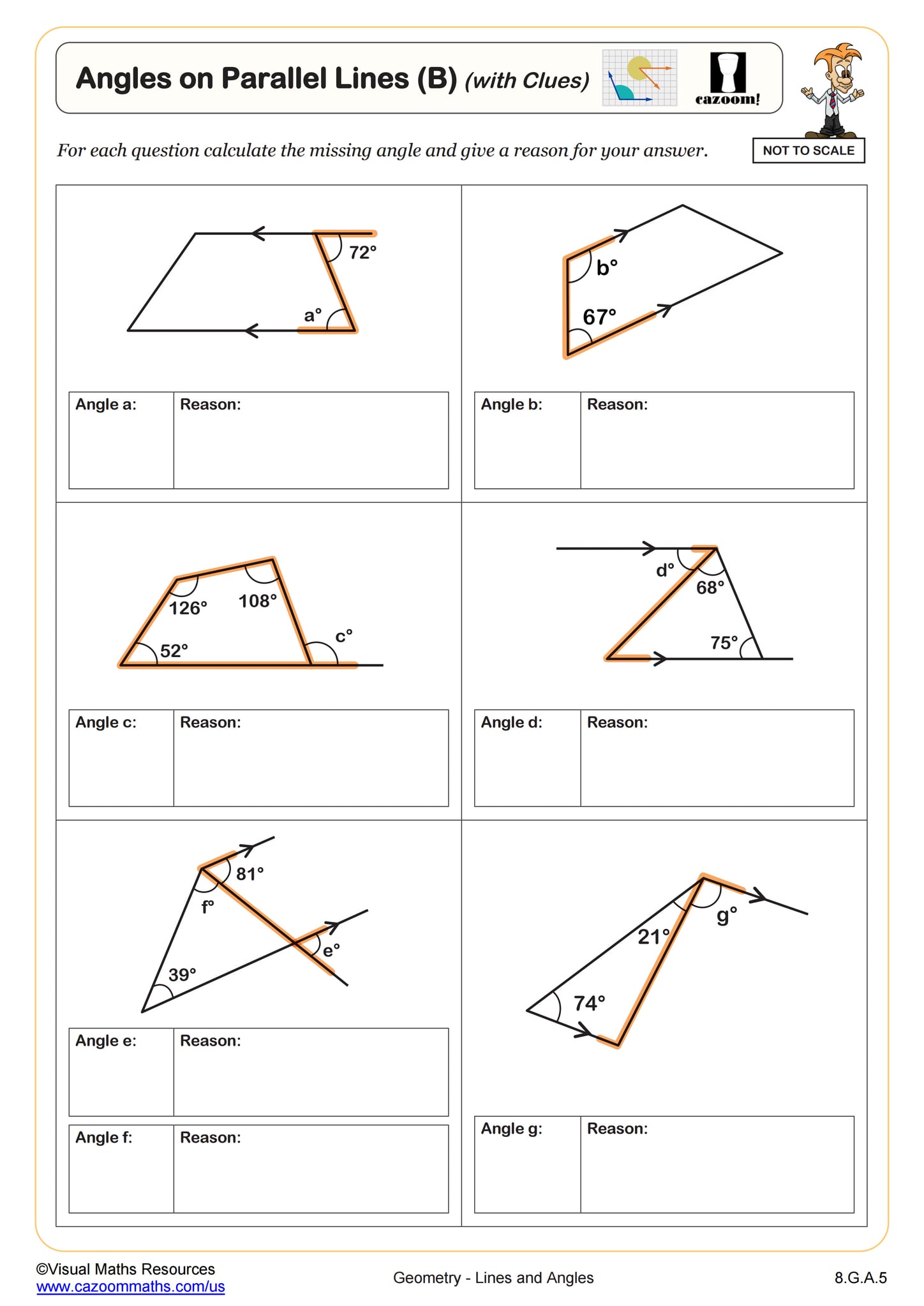 Calculating Angles On Parallel Lines With Transversals C Worksheet