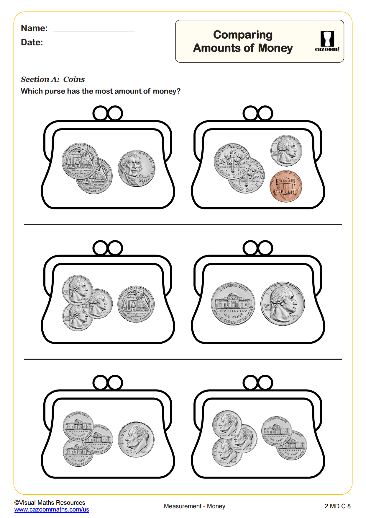 2nd Grade Money and Time Worksheets | Cazoom Math