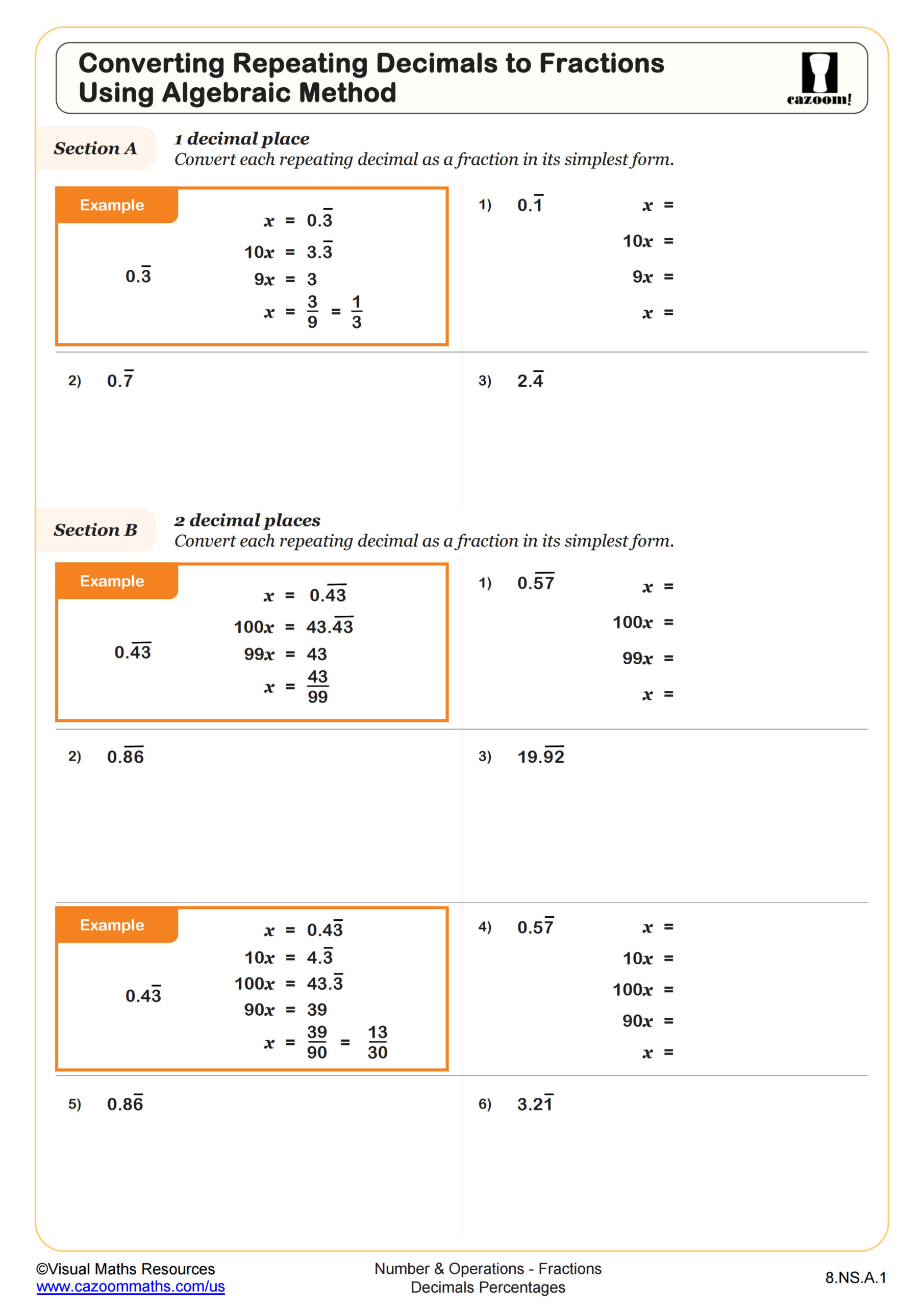 Preview of Converting Repeating Decimals to Fractions Using Algebraic Method