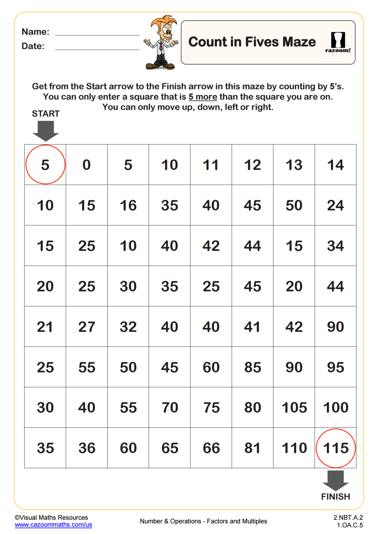 Count in 5s Maze PDF printable Number and Operations Worksheets