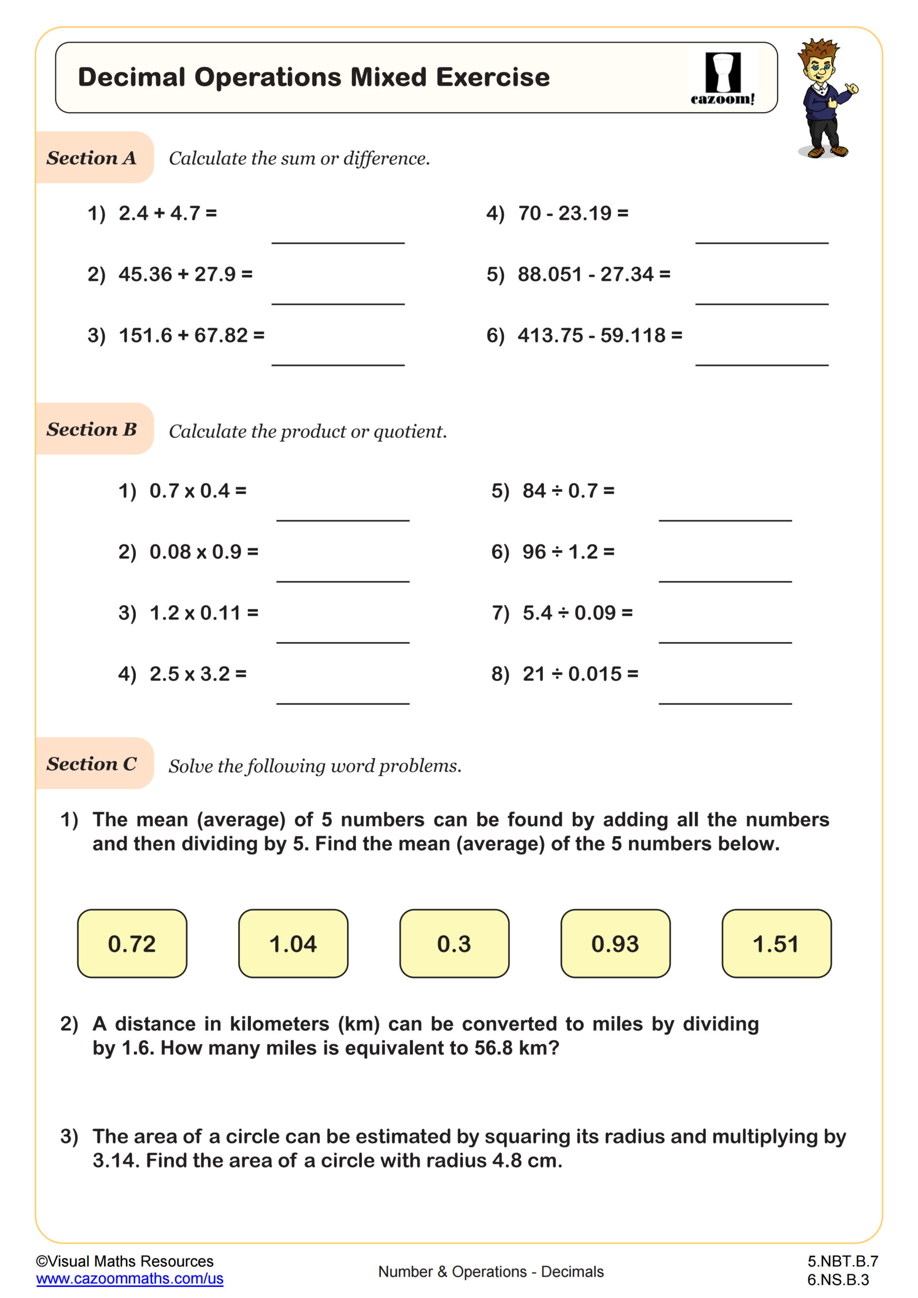 Decimal Operations Mixed Practice Worksheet PDF Printable Number
