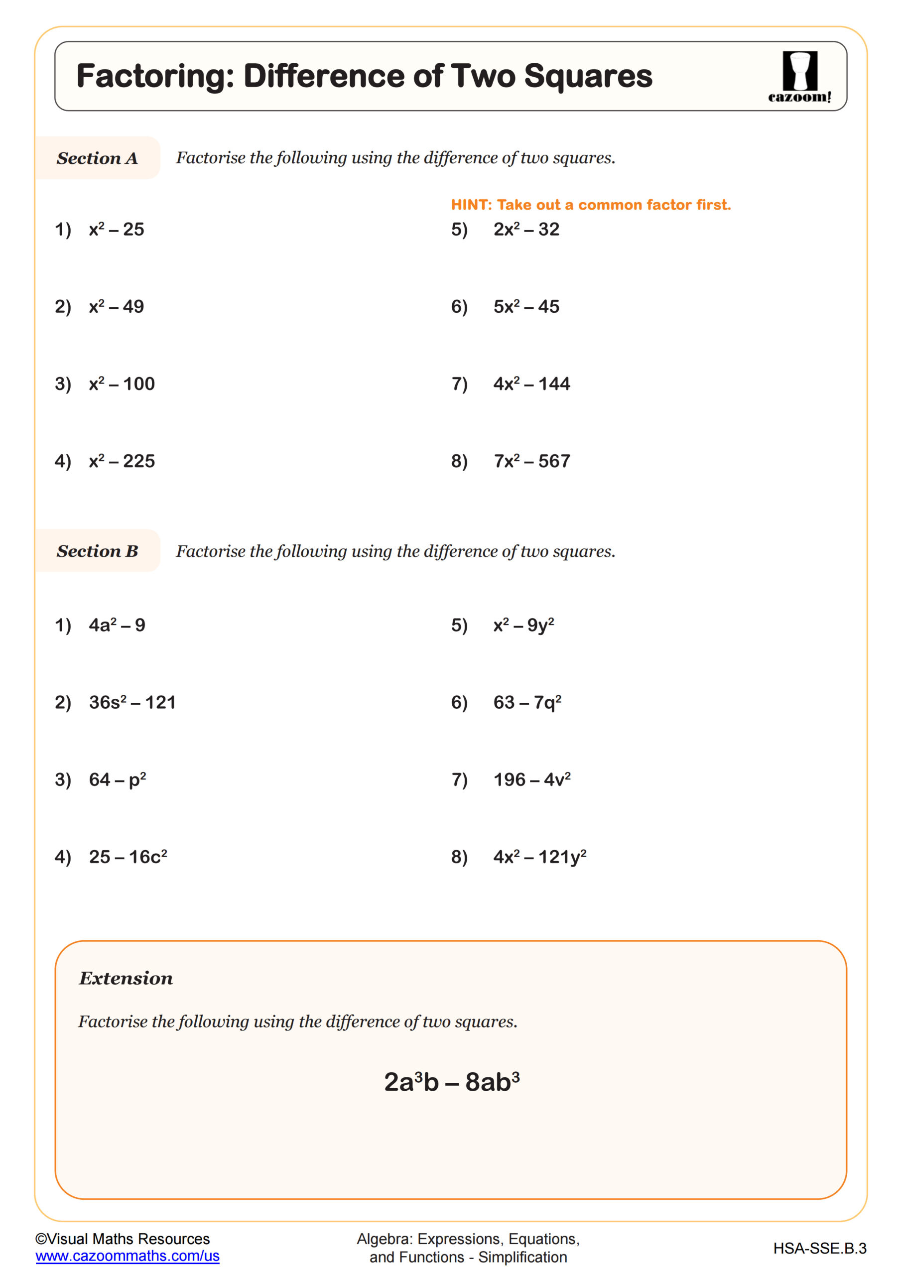 Difference Of Two Squares Worksheet Scaled