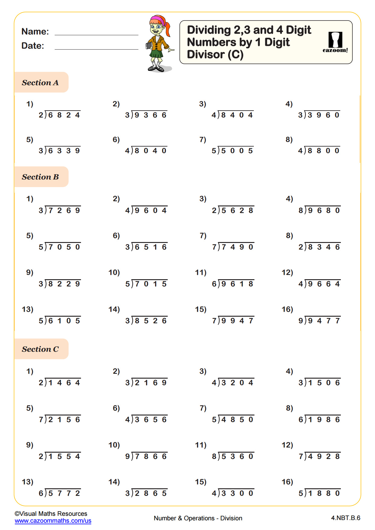 Preview of Dividing 2,3 and 4 Digit Numbers by 1 Digit Divisors (C)