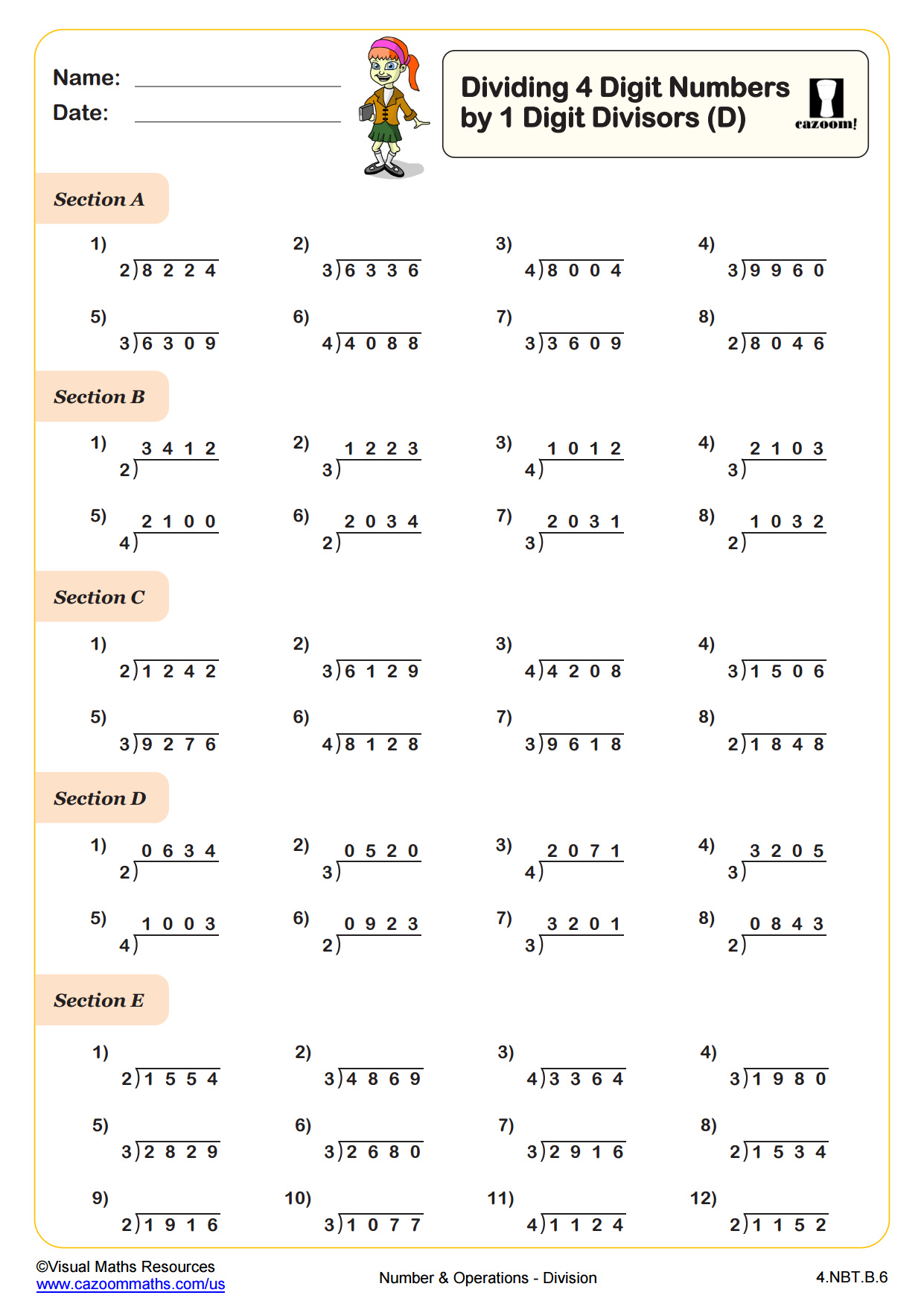 Preview of Dividing 4 Digit Numbers by 1 Digit Divisors (D)