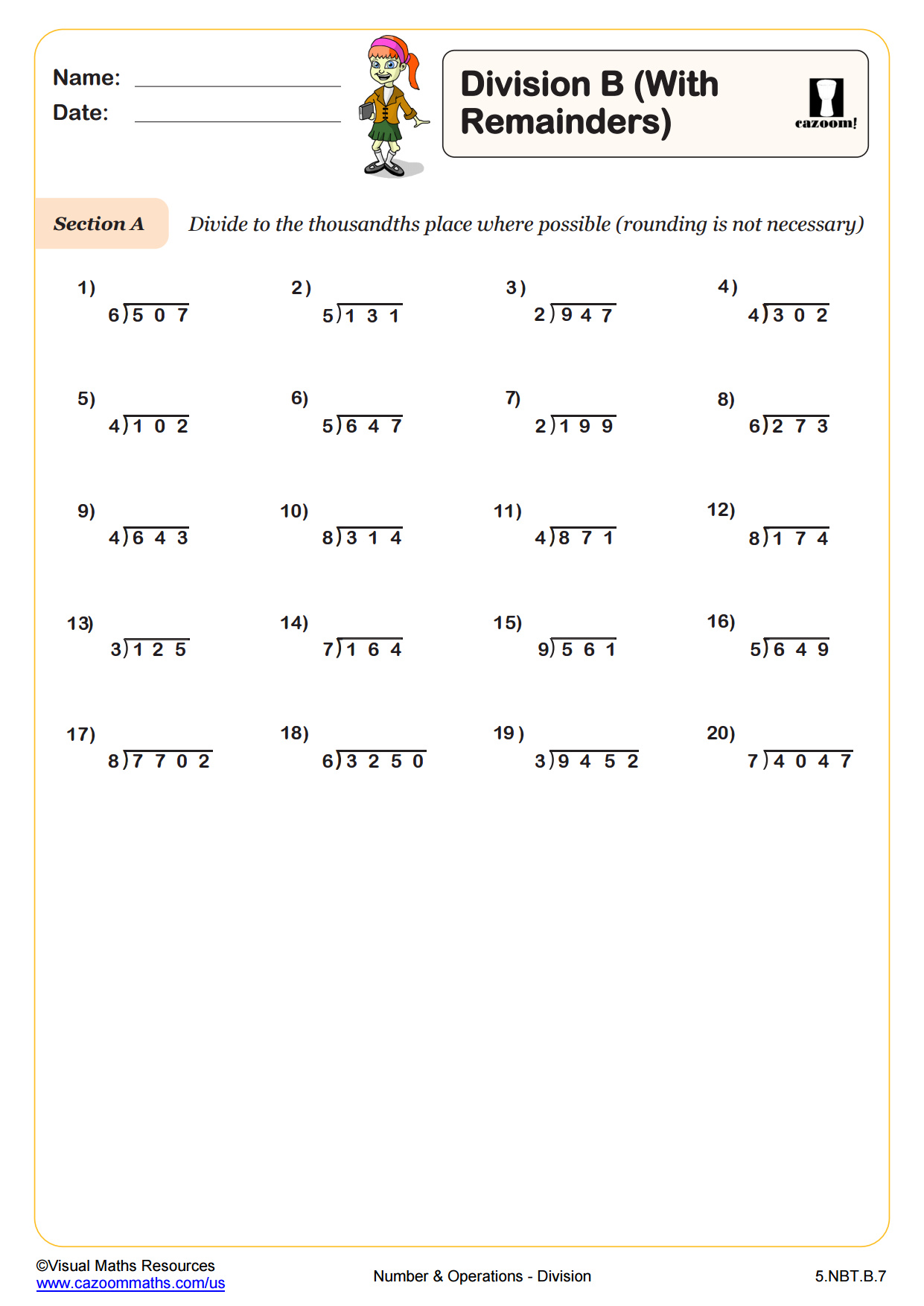 Division B With Remainders Worksheet
