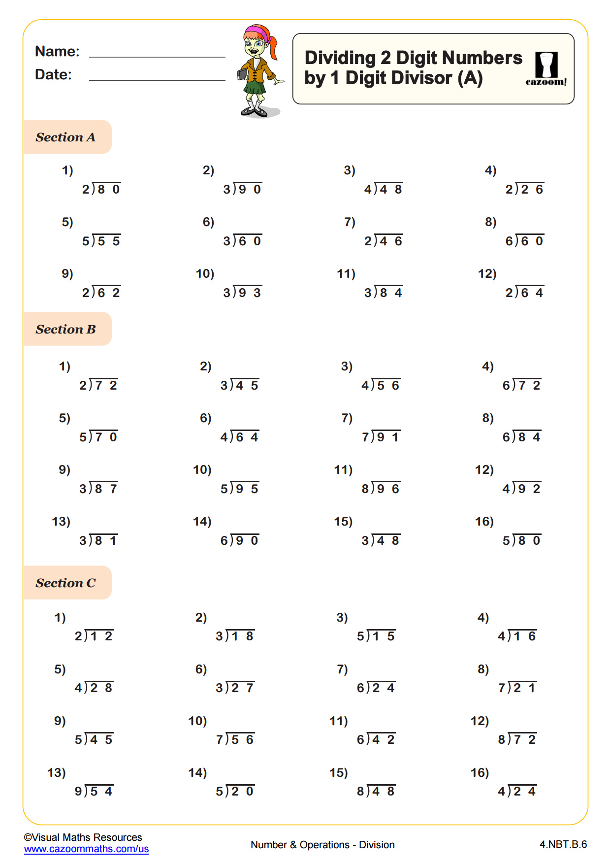 Preview of Dividing 2 Digit Numbers by 1 Digit Divisors (A)