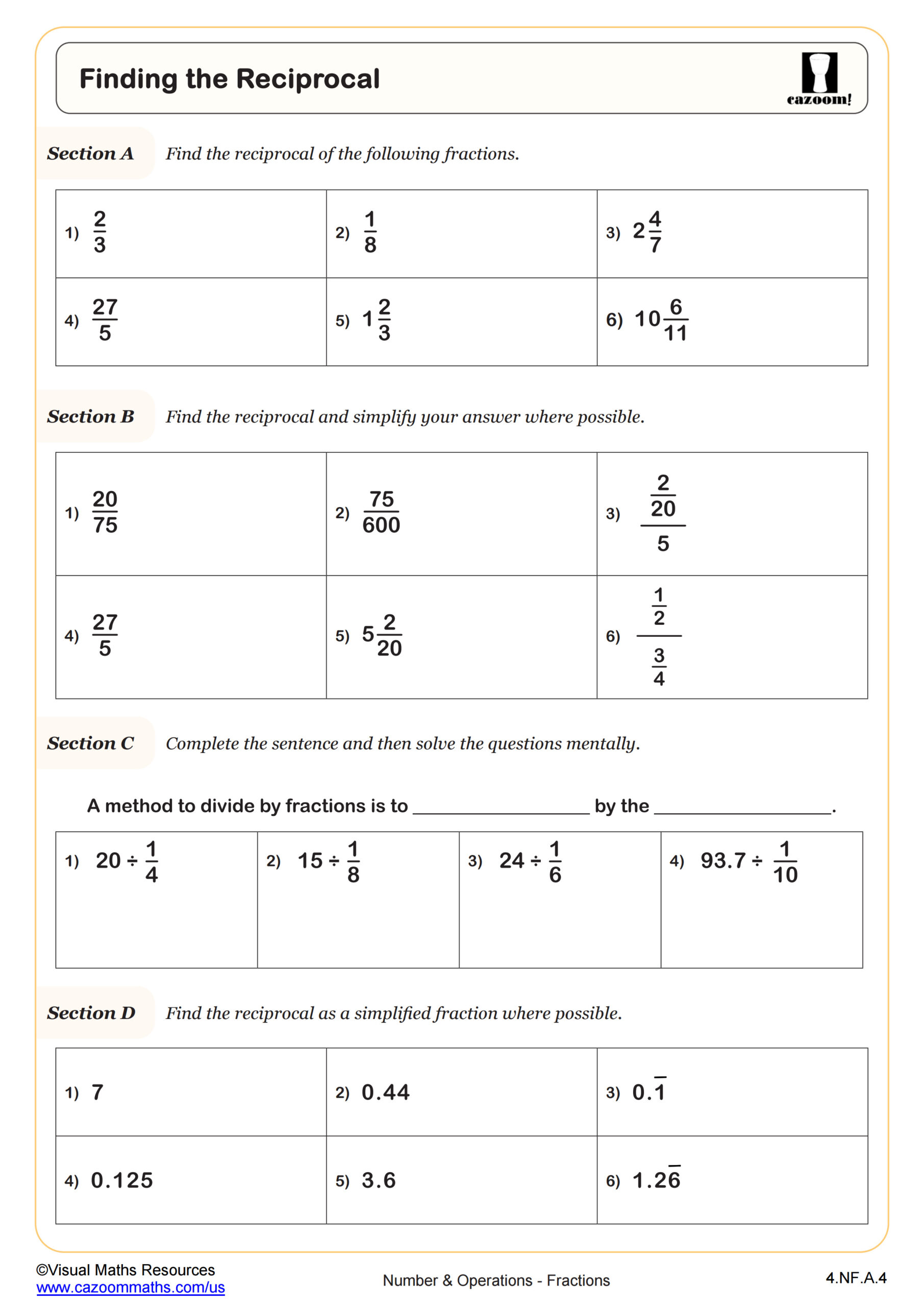 Finding The Reciprocal Worksheet Scaled