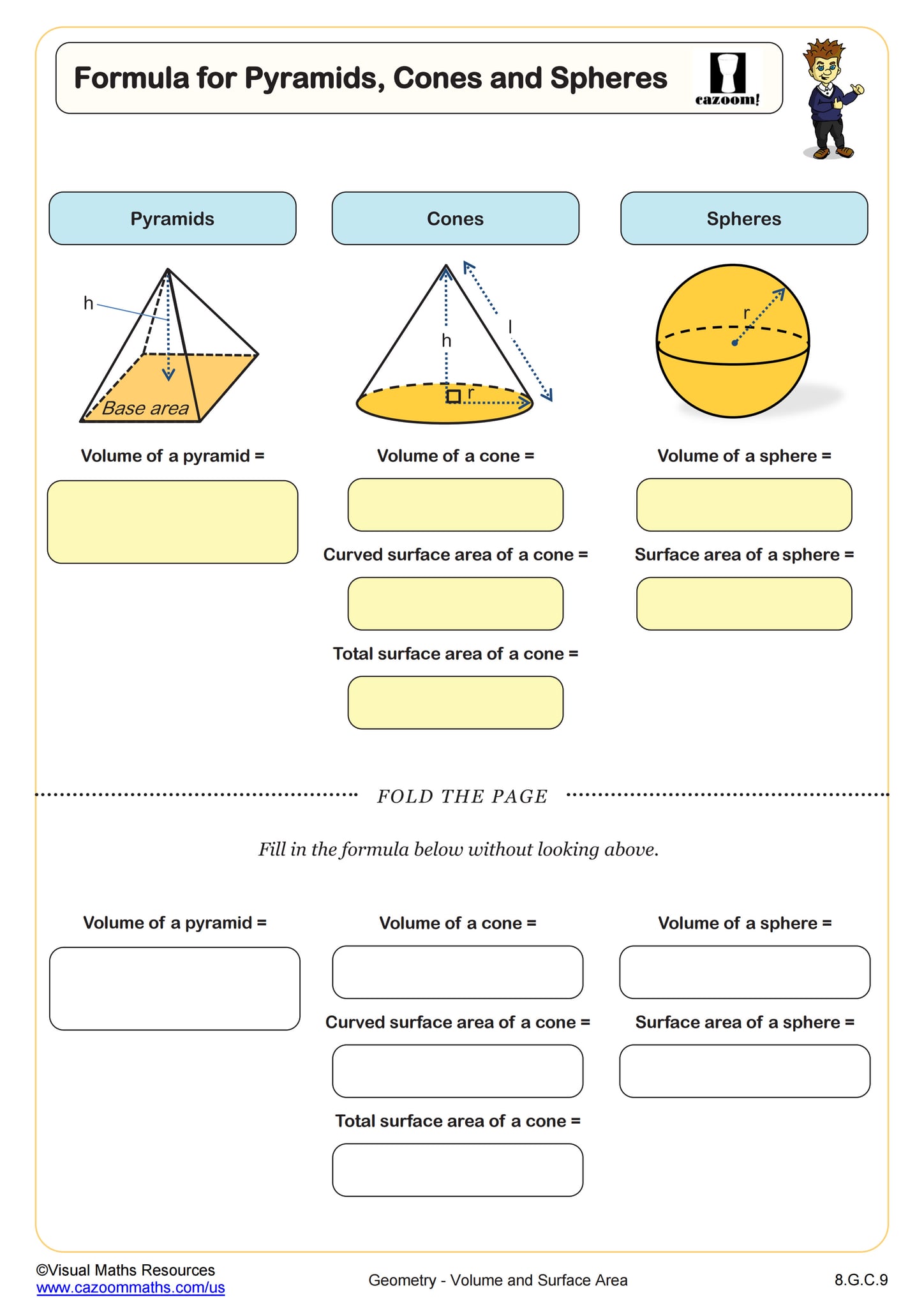 Matching Formulas for Pyramids, Cones, and Spheres Worksheet 8th