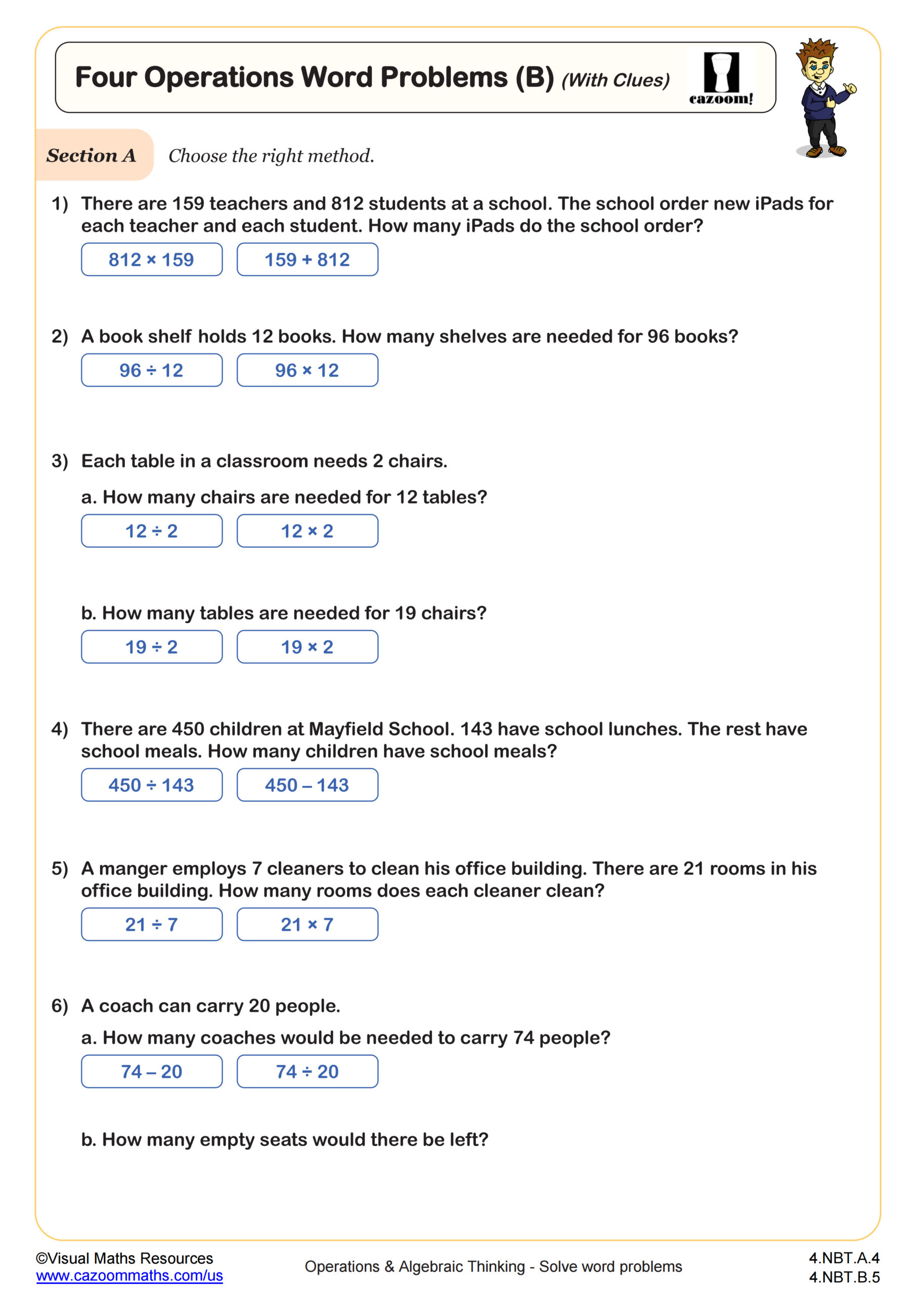 Preview of Four Operations Word Problems (B) (With Clues)