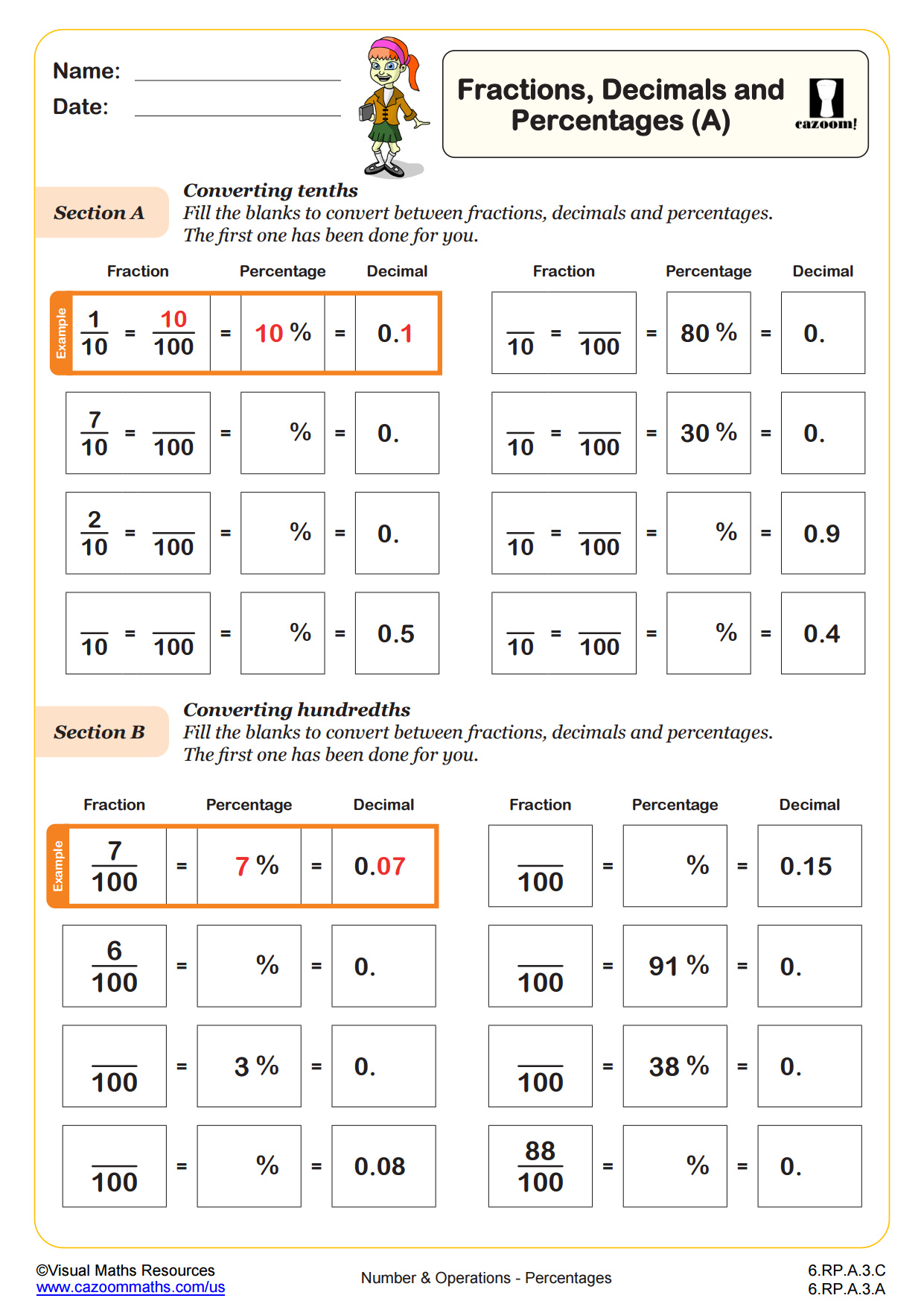Preview of Fractions, Decimals and Percentages (A)