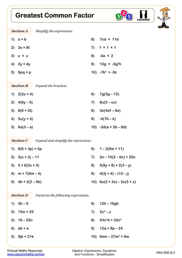 Greatest Common Factor Worksheet | Algebra I PDF Worksheets