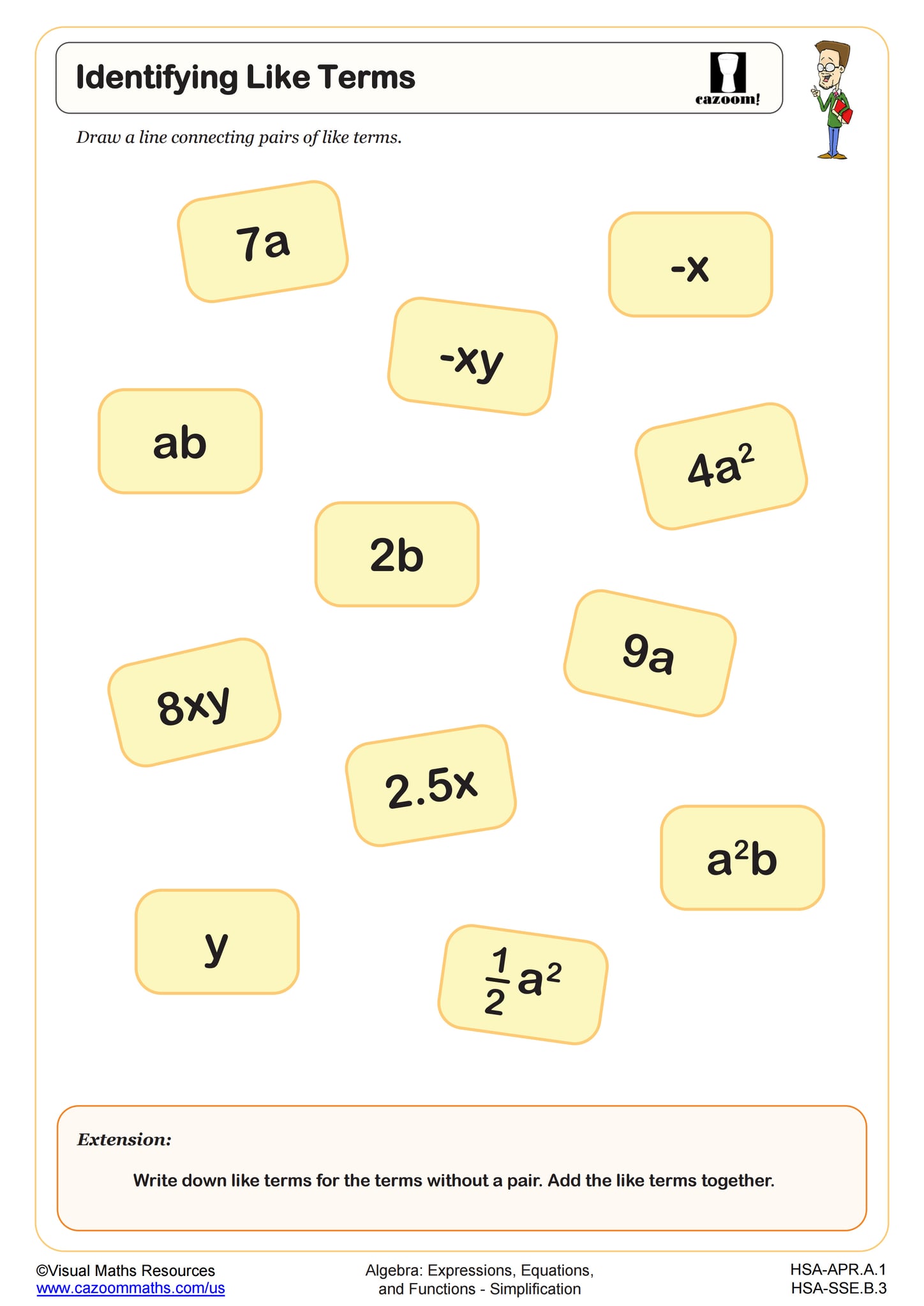 Identifying Like Terms Worksheet | Algebra I PDF Worksheets