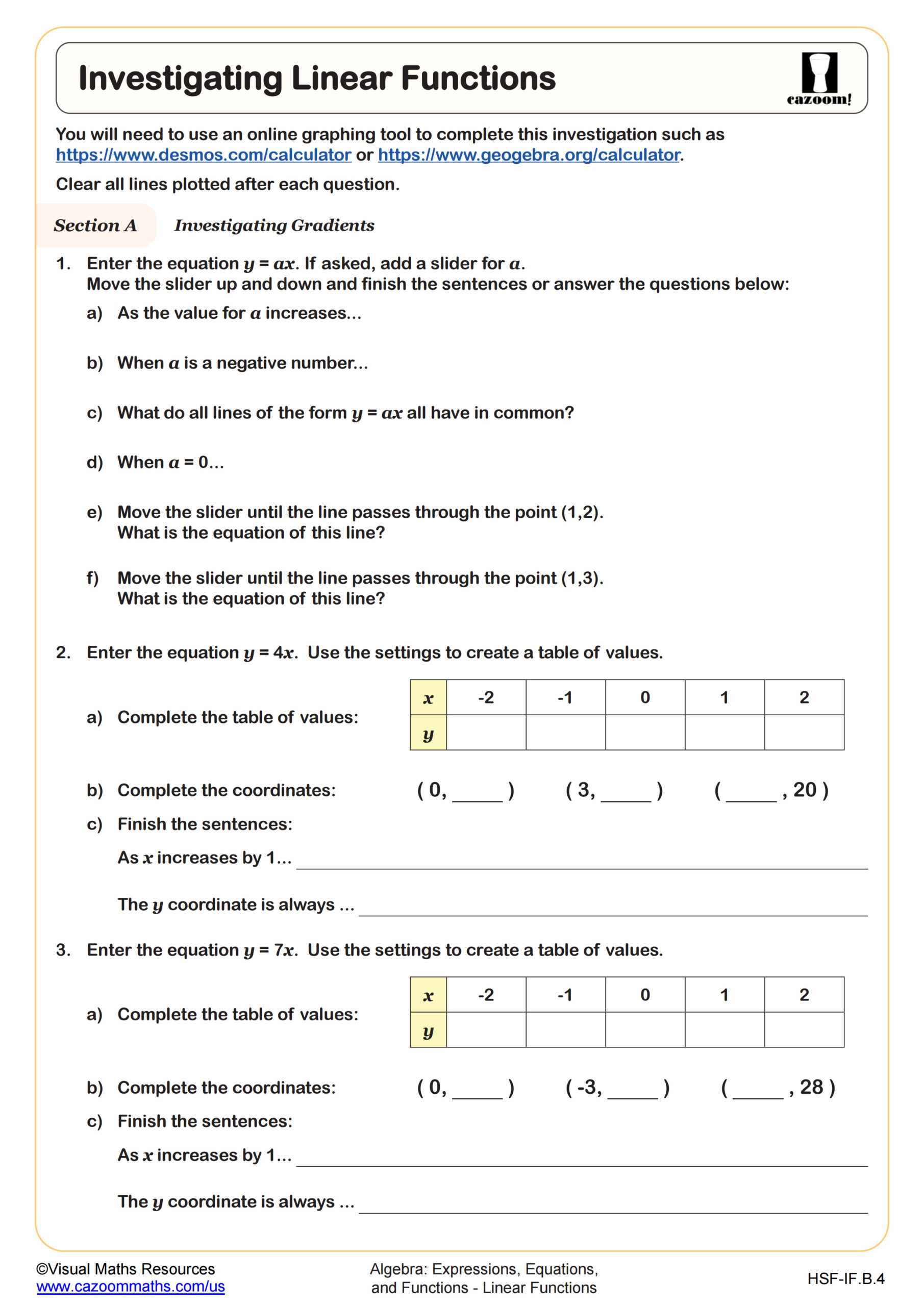 Investigating Linear Functions Worksheet | Fun and Engaging Algebra I ...