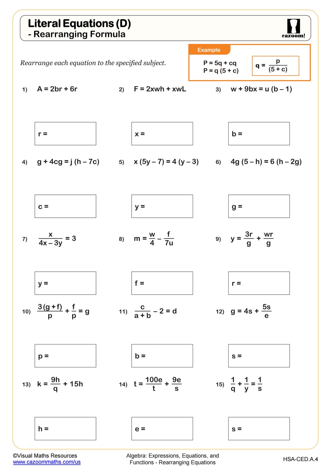 Literal Equations (D) Rearranging Formula Worksheet Algebra I PDF Worksheets