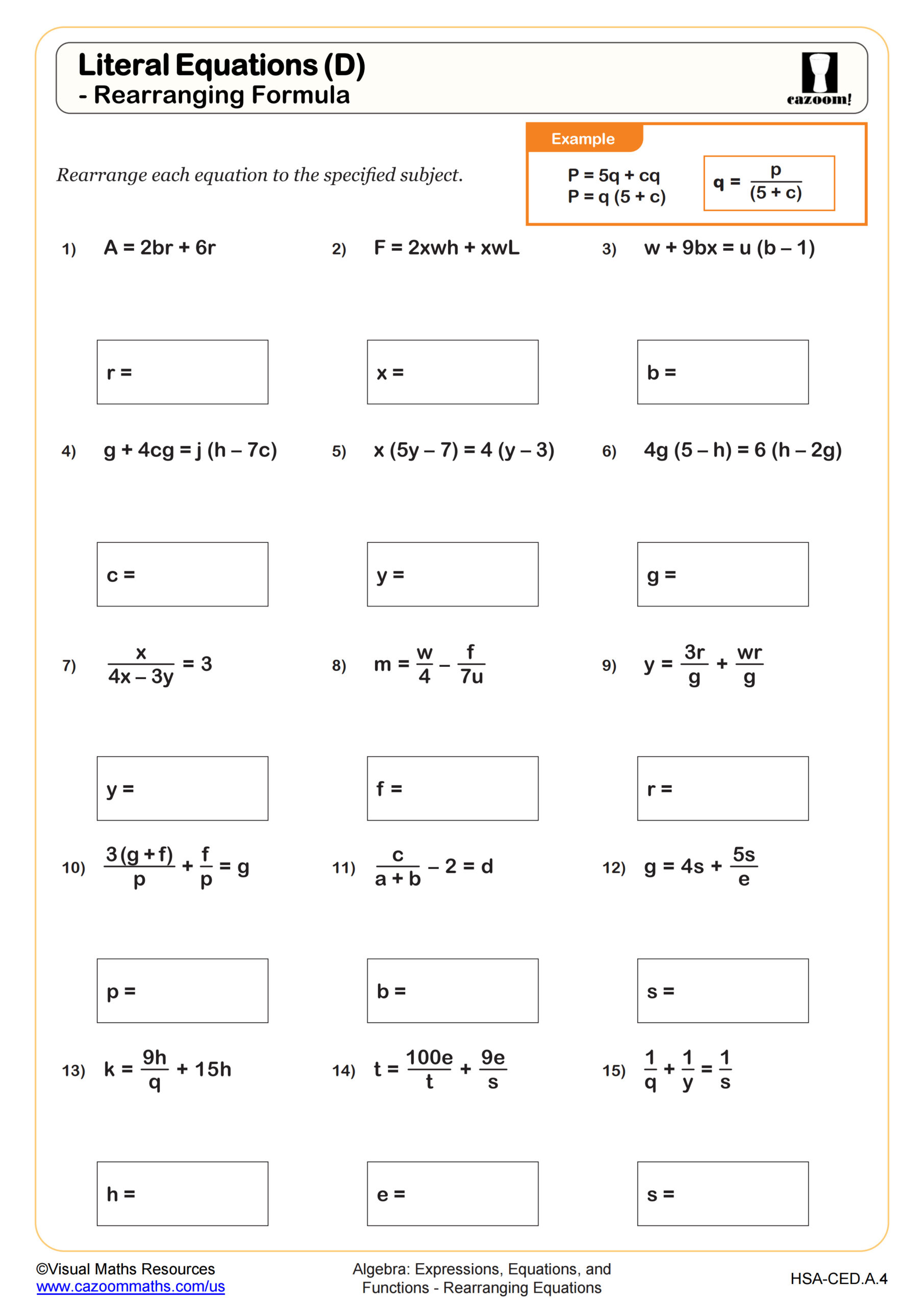Preview of Literal Equations (D) - Rearranging Formula